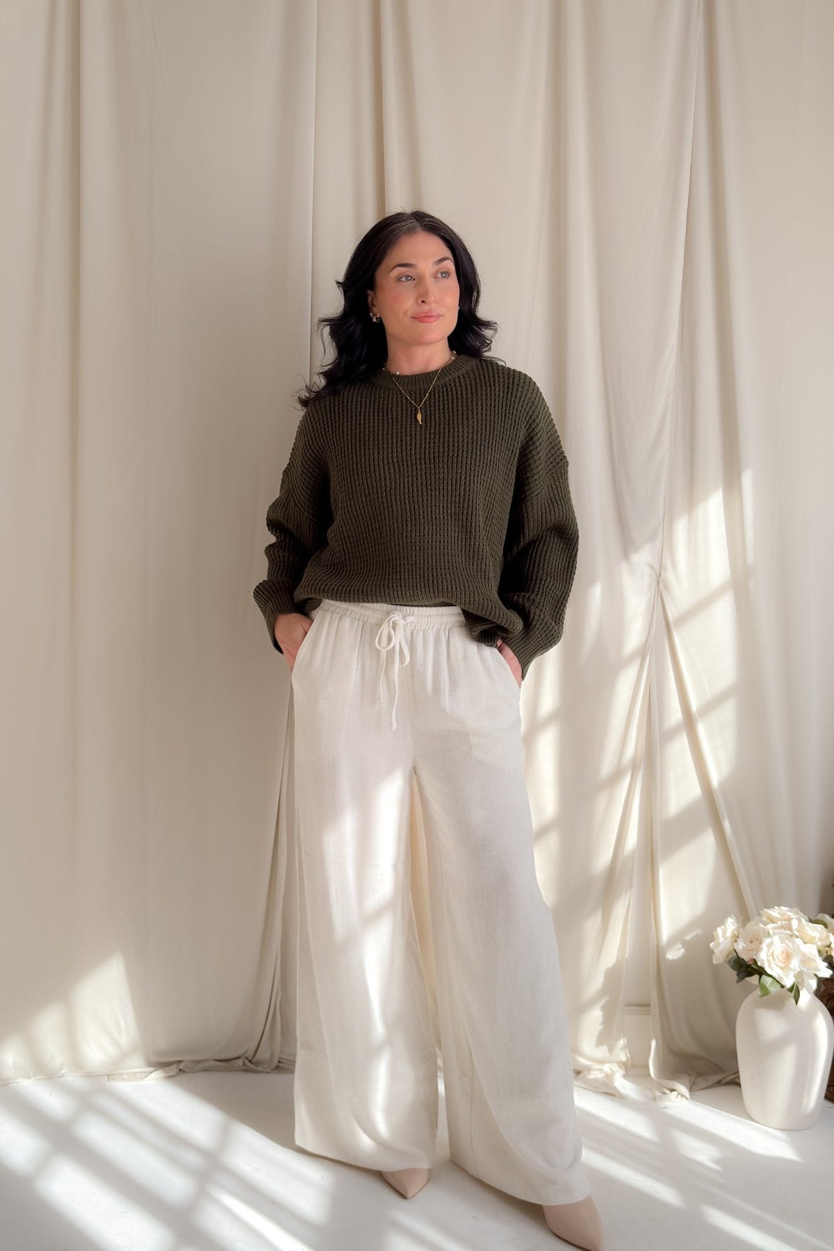 Ivory Linen Blend Wide Leg Drawstring Pants - Women's Pants - Blooming Daily