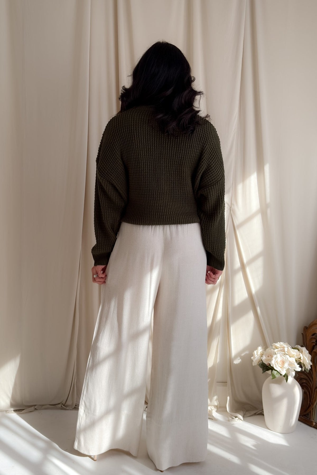 Ivory Linen Blend Wide Leg Drawstring Pants - Women's Pants - Blooming Daily