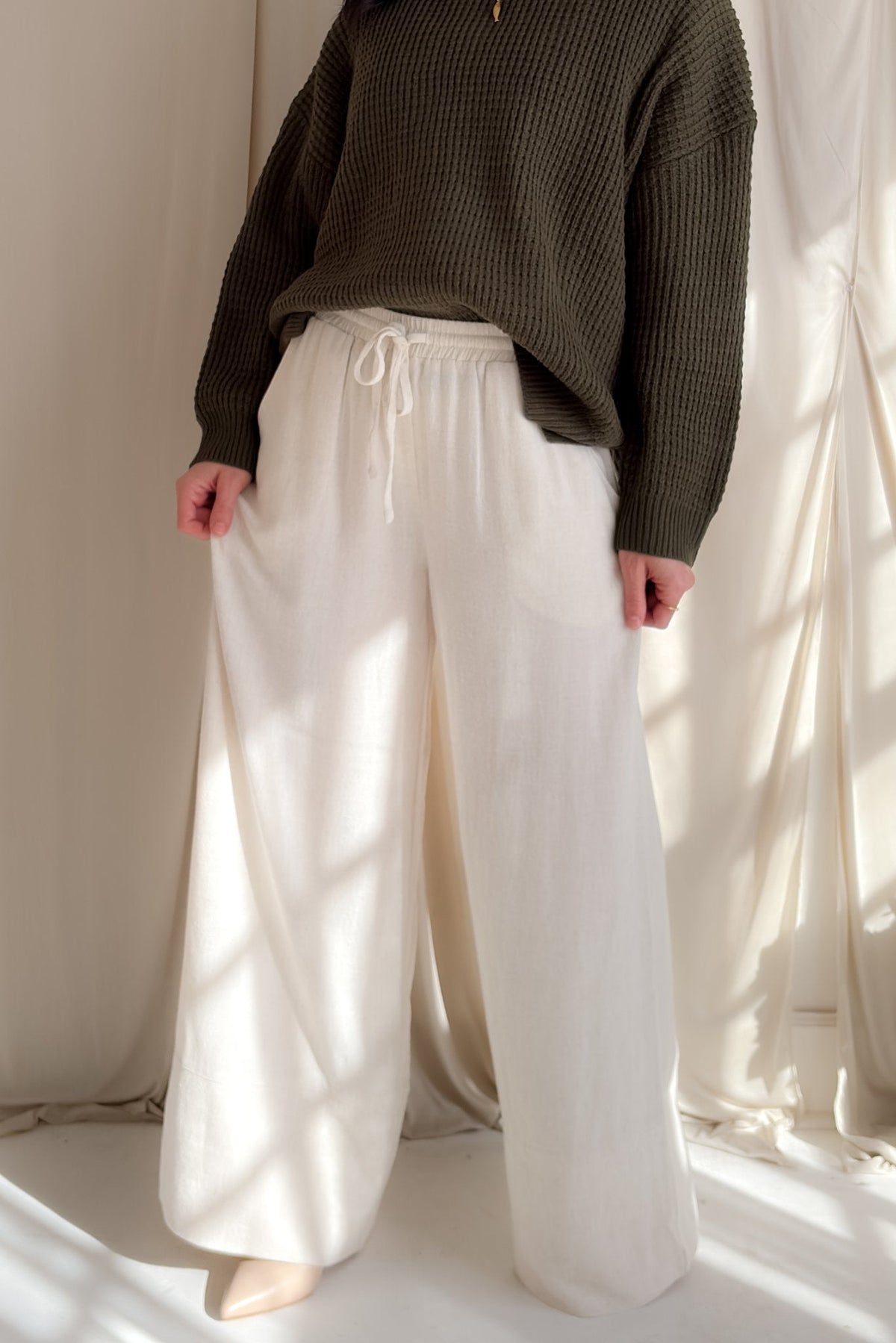 Ivory Linen Blend Wide Leg Drawstring Pants - Women's Pants - Blooming Daily