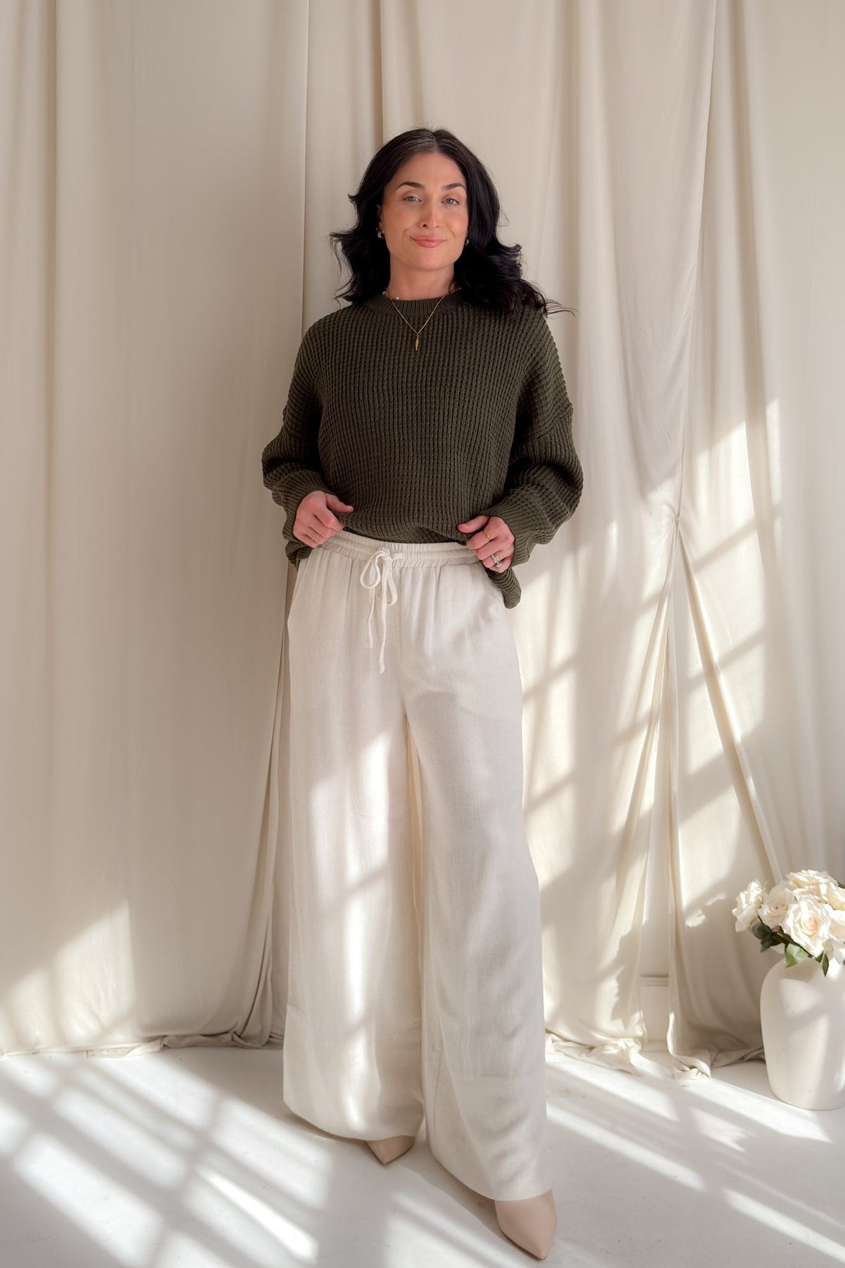 Ivory Linen Blend Wide Leg Drawstring Pants - Women's Pants - Blooming Daily