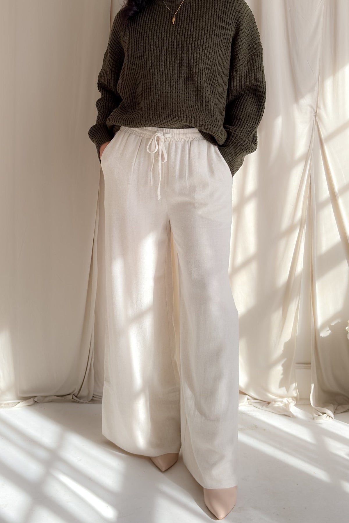 Ivory Linen Blend Wide Leg Drawstring Pants - Women's Pants - Blooming Daily