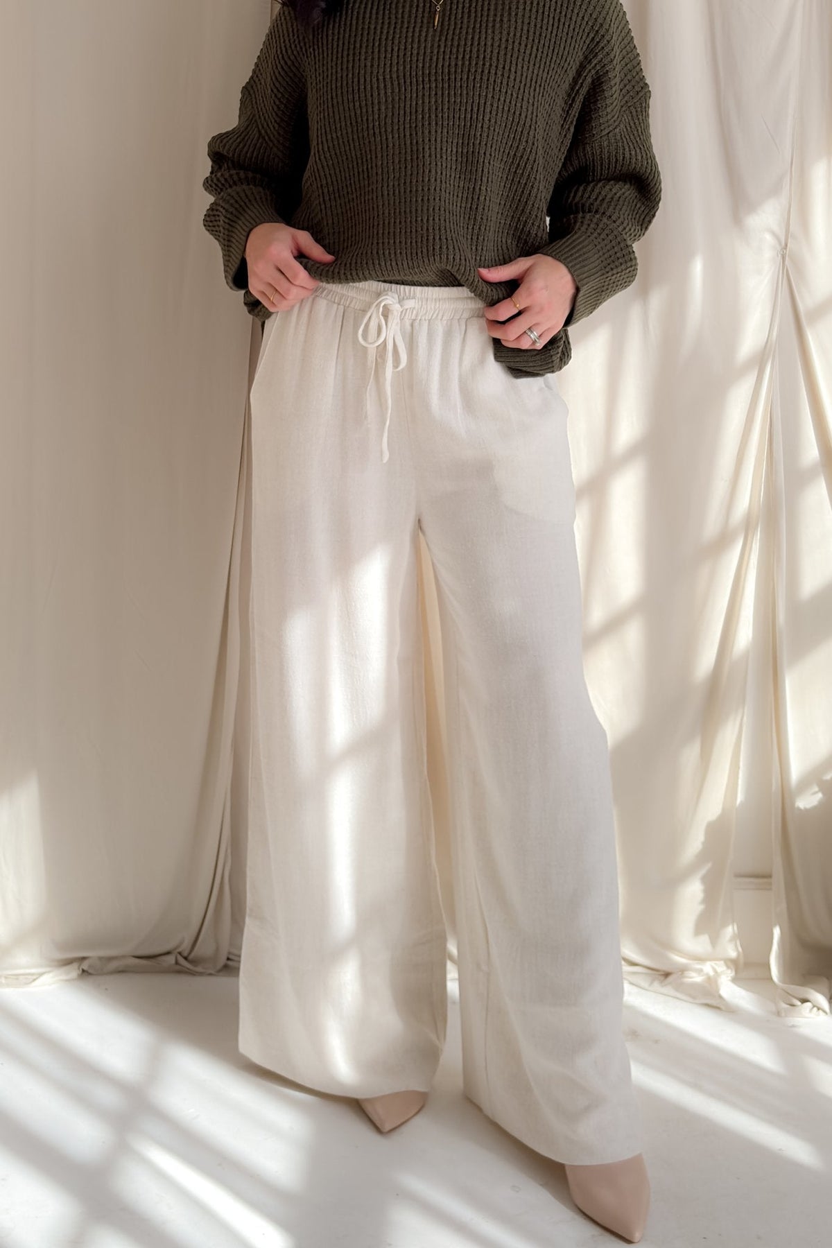 Ivory Linen Blend Wide Leg Drawstring Pants - Women's Pants - Blooming Daily