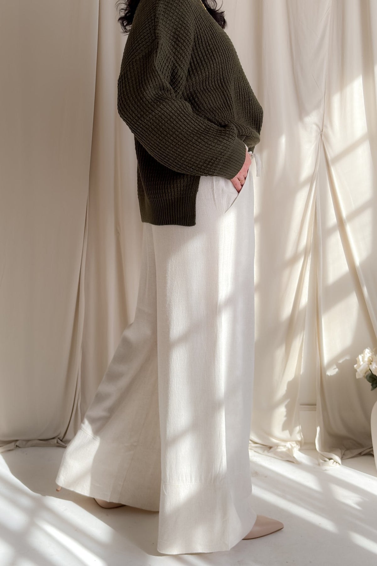 Ivory Linen Blend Wide Leg Drawstring Pants - Women's Pants - Blooming Daily