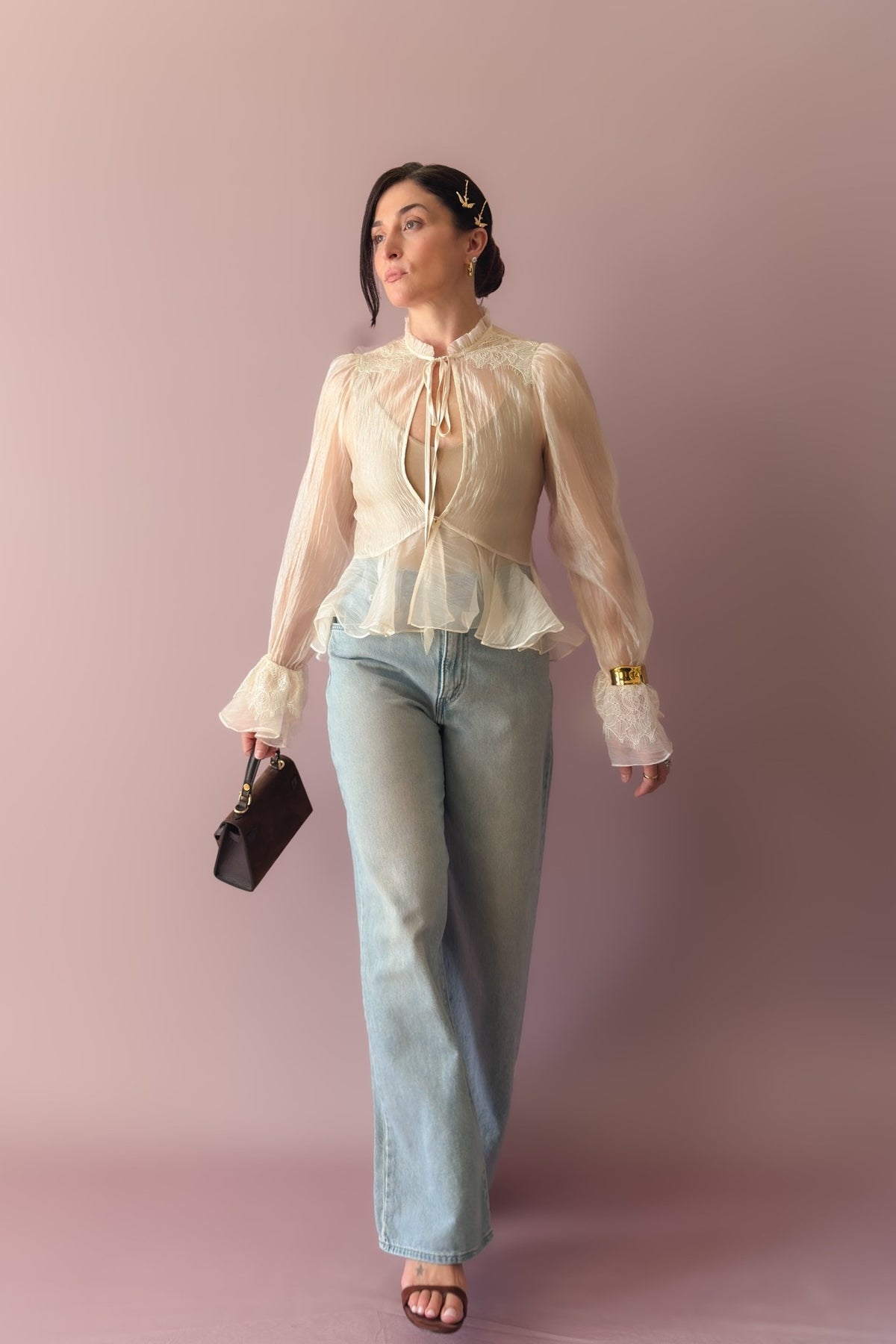 Women’s ivory organza blouse with lace shoulders, tie neckline and peplum hem