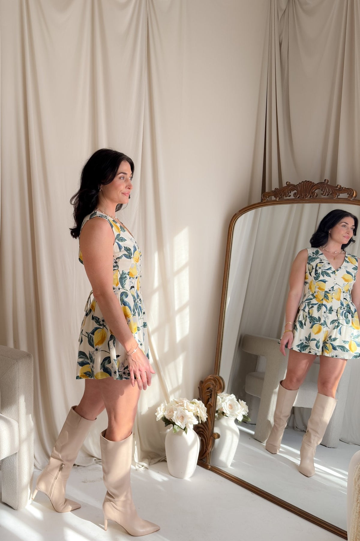 Lemon Print Sleeveless Romper with Back Zipper - Women's Romper - Blooming Daily