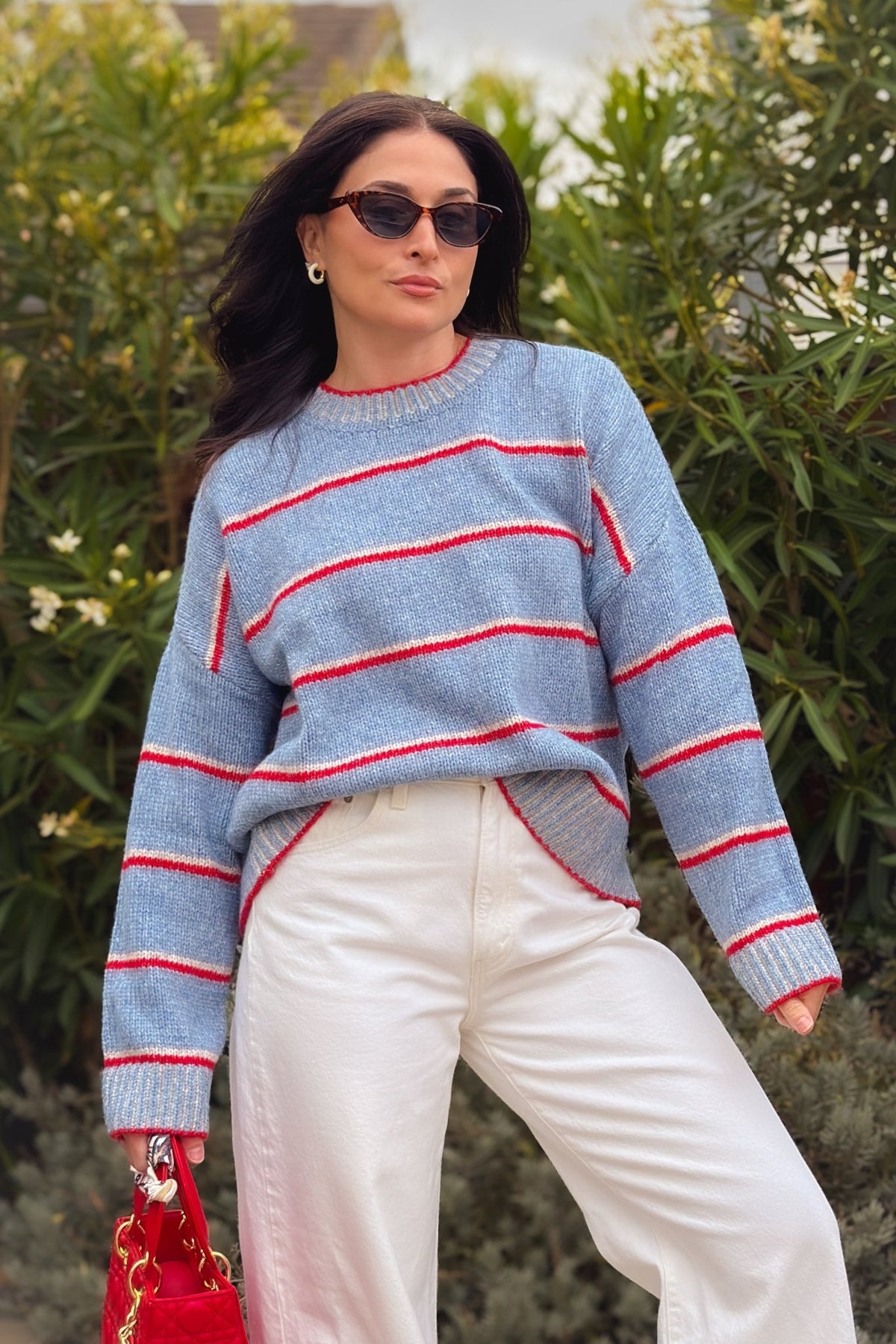 Light blue and red striped oversized crewneck sweater with relaxed boxy fit