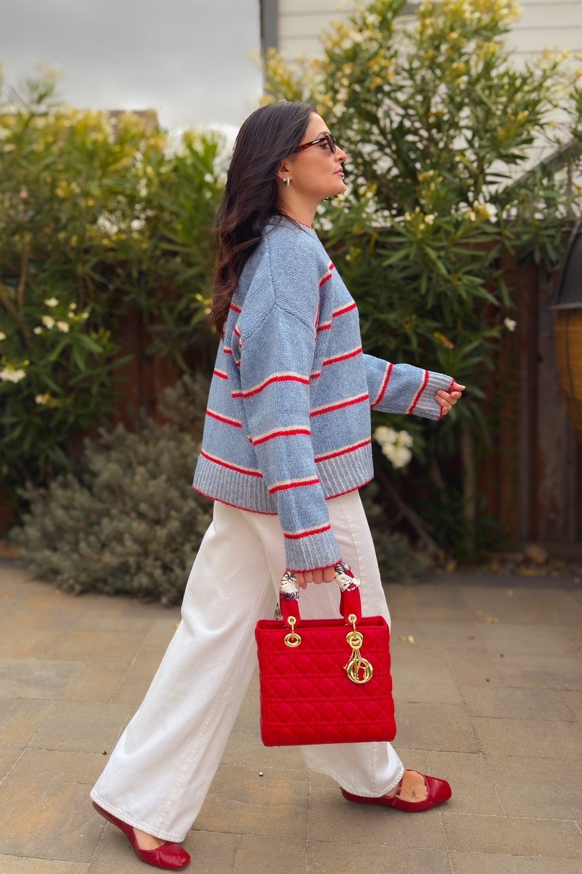 Oversized striped crewneck sweater in light blue red and ivory