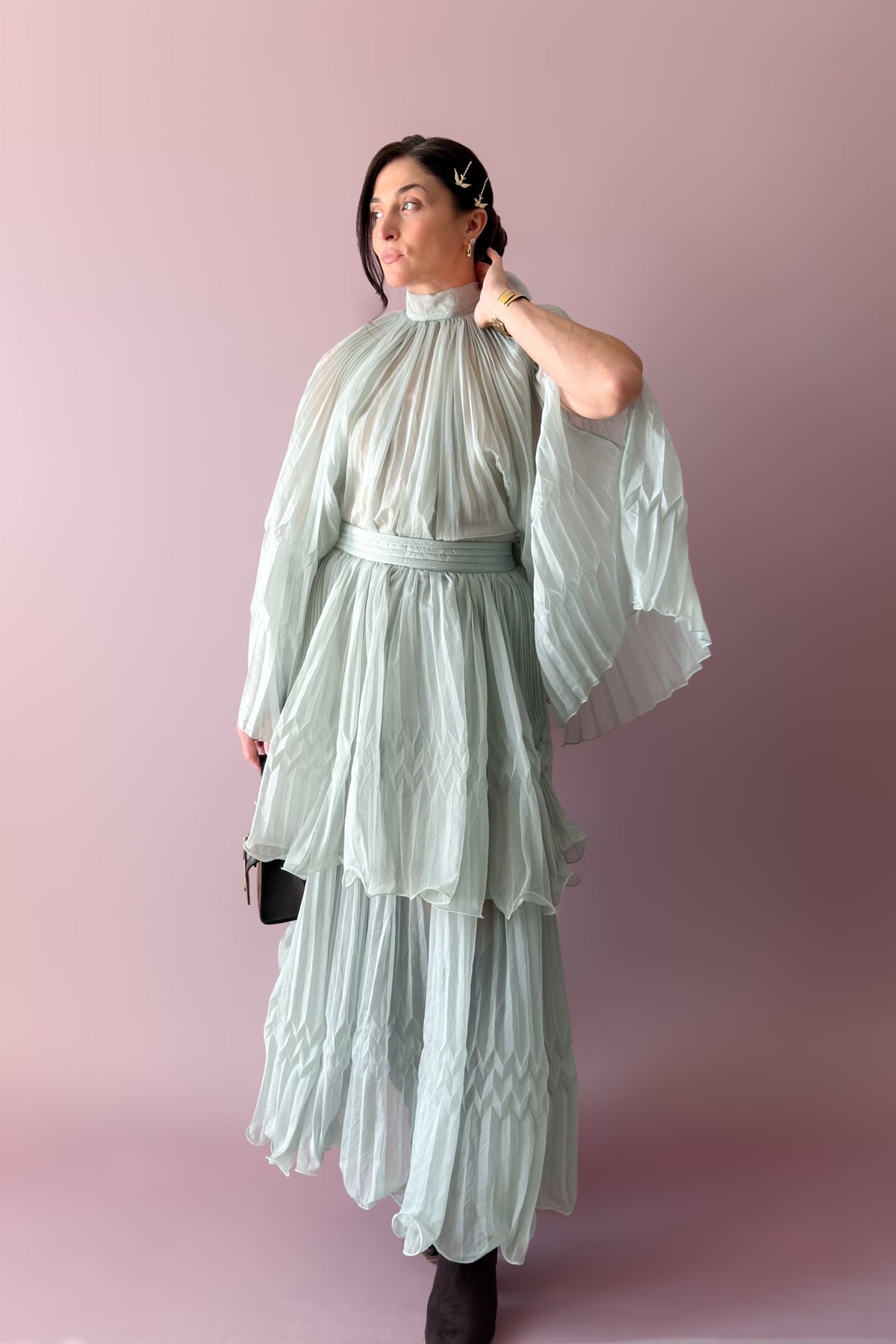 Mint pleated chiffon two-piece set with cape top, oversized front bow and tiered maxi skirt