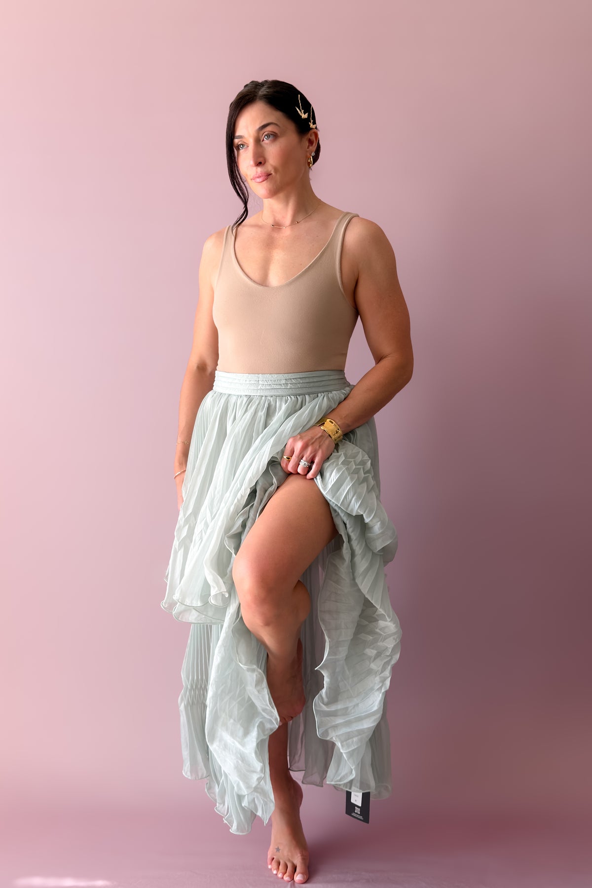 Women’s mint special occasion set with semi-sheer pleated cape top and cascading maxi skirt