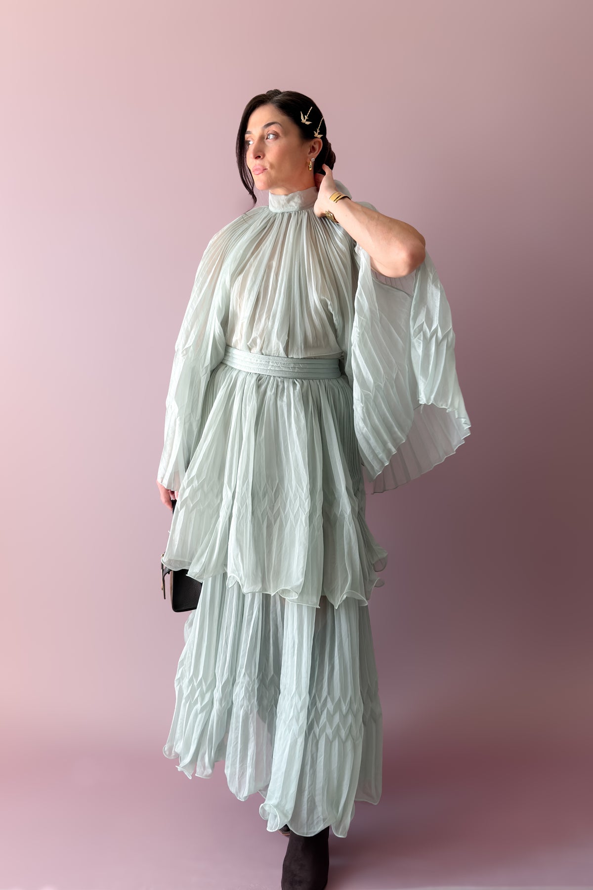 Mint pleated chiffon two-piece set with cape top, oversized front bow and tiered maxi skirt