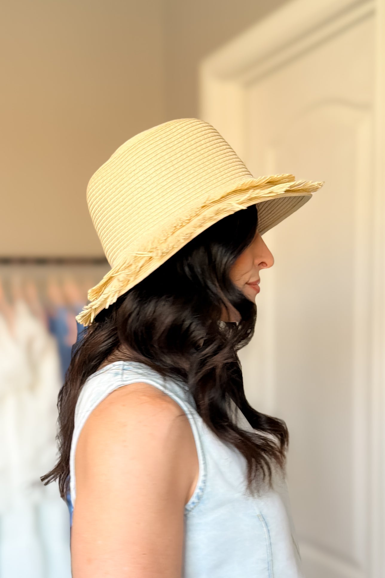 Natural Frayed Brim Straw Hat - Women's Hats - Blooming Daily