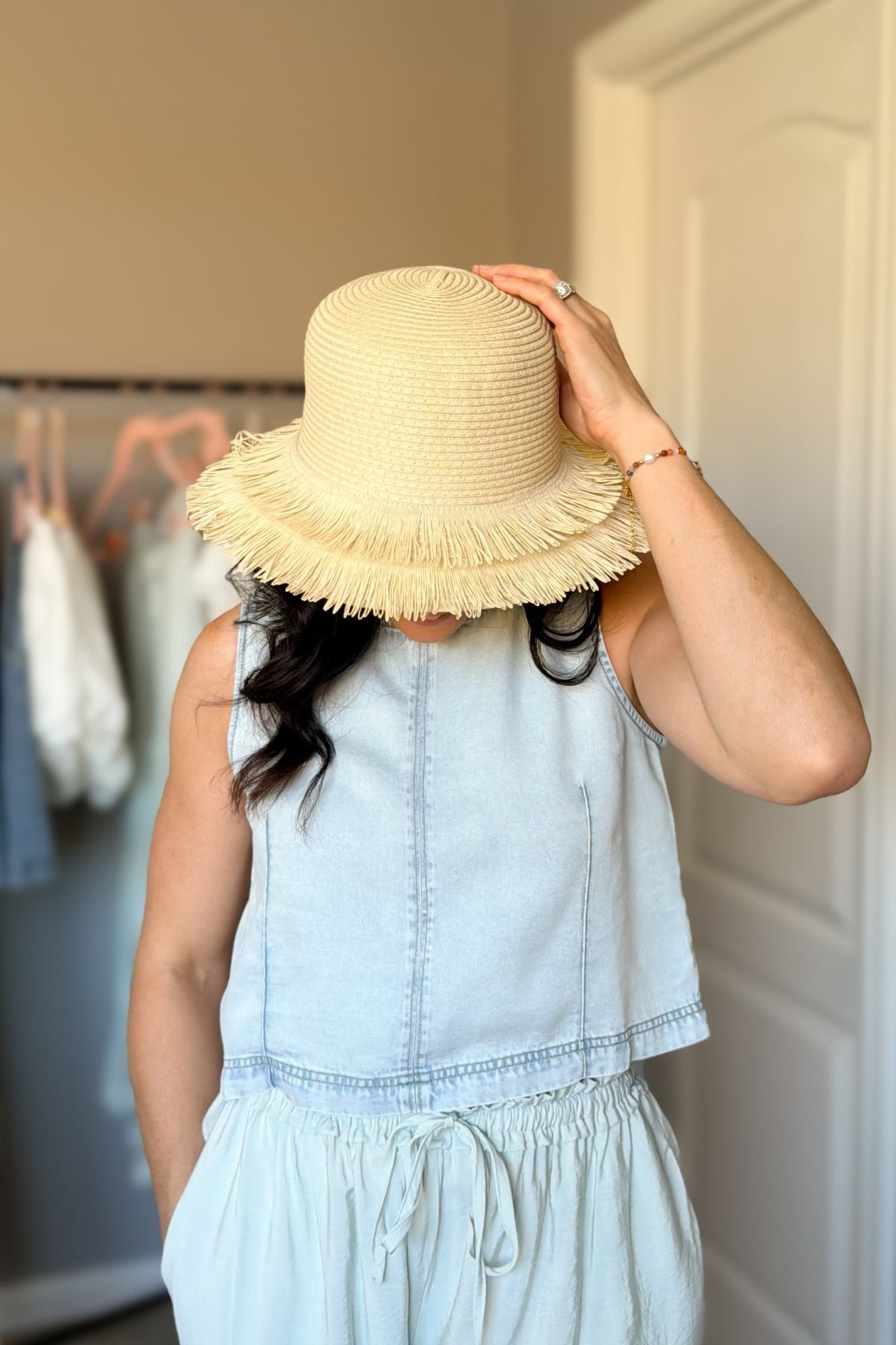 Natural Frayed Brim Straw Hat - Women's Hats - Blooming Daily