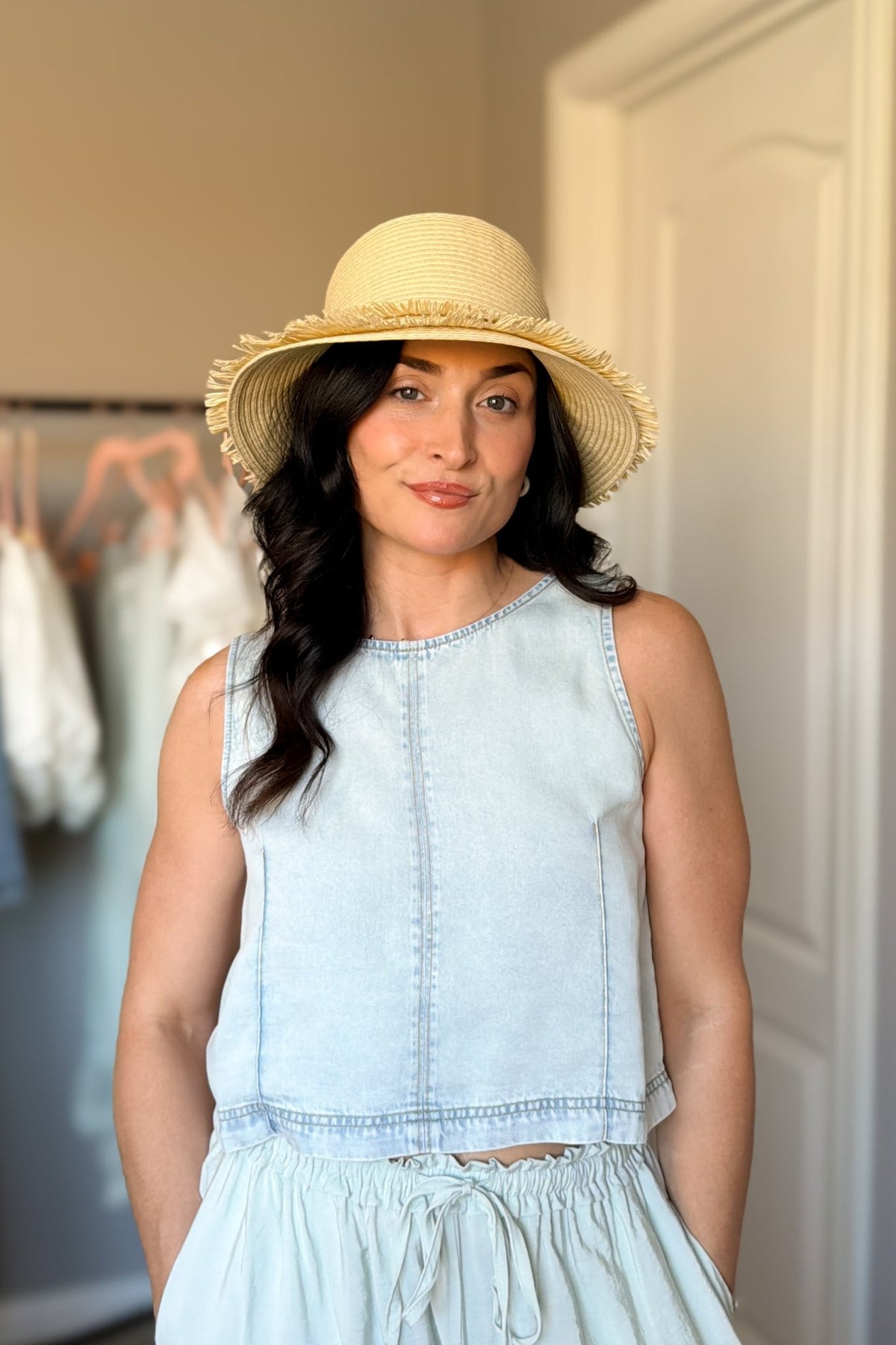 Natural Frayed Brim Straw Hat - Women's Hats - Blooming Daily