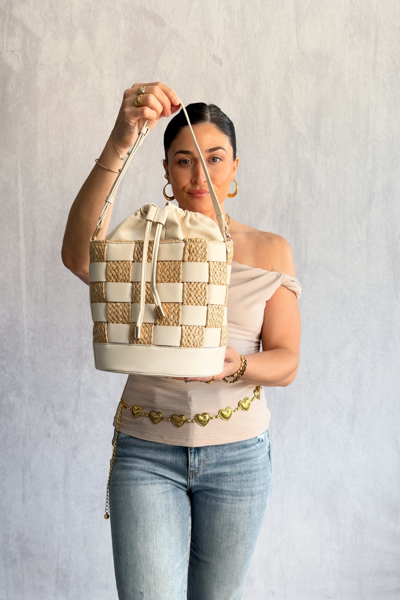 Natural Straw Patchwork Shoulder Bag | Summer Bucket Purse - Women's Handbag - Blooming Daily