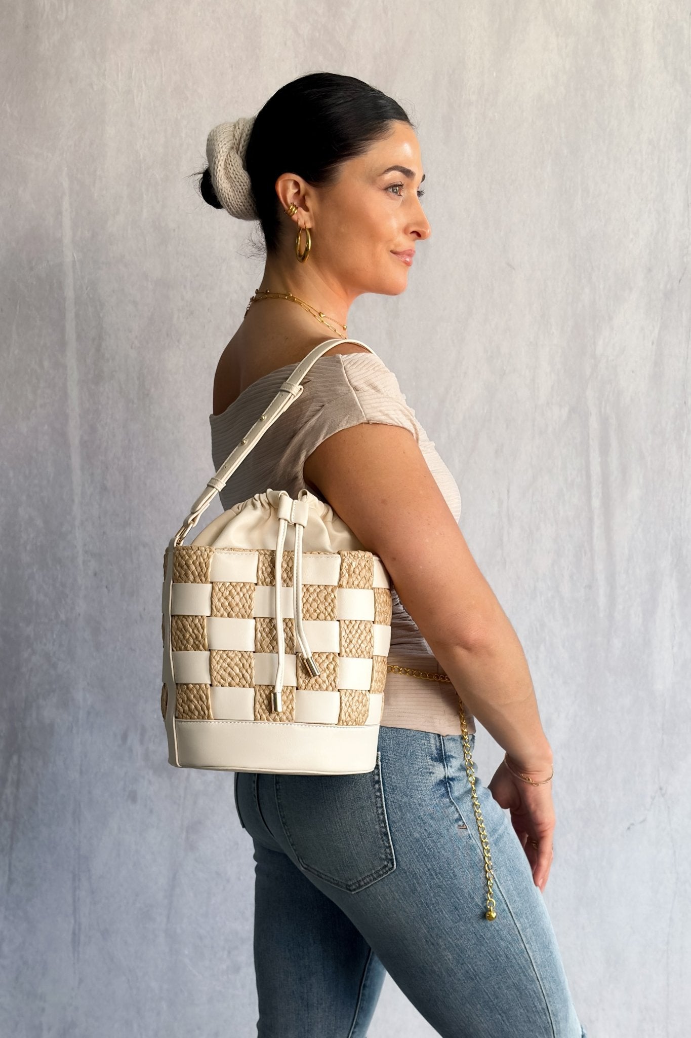 Natural Straw Patchwork Shoulder Bag | Summer Bucket Purse - Women's Handbag - Blooming Daily