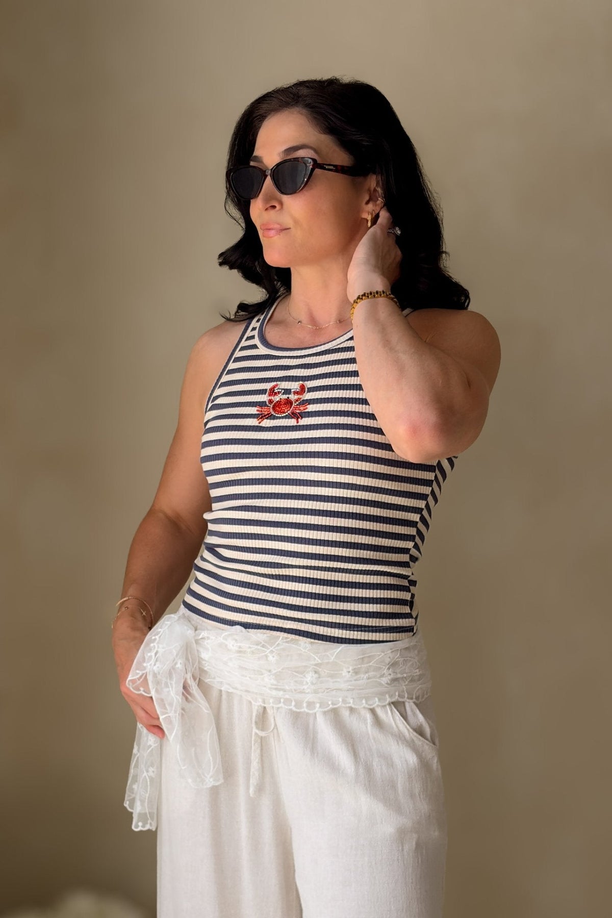 Navy Beaded Crab Stripe Knit Top for Women - Women's Shirts & Tops - Blooming Daily