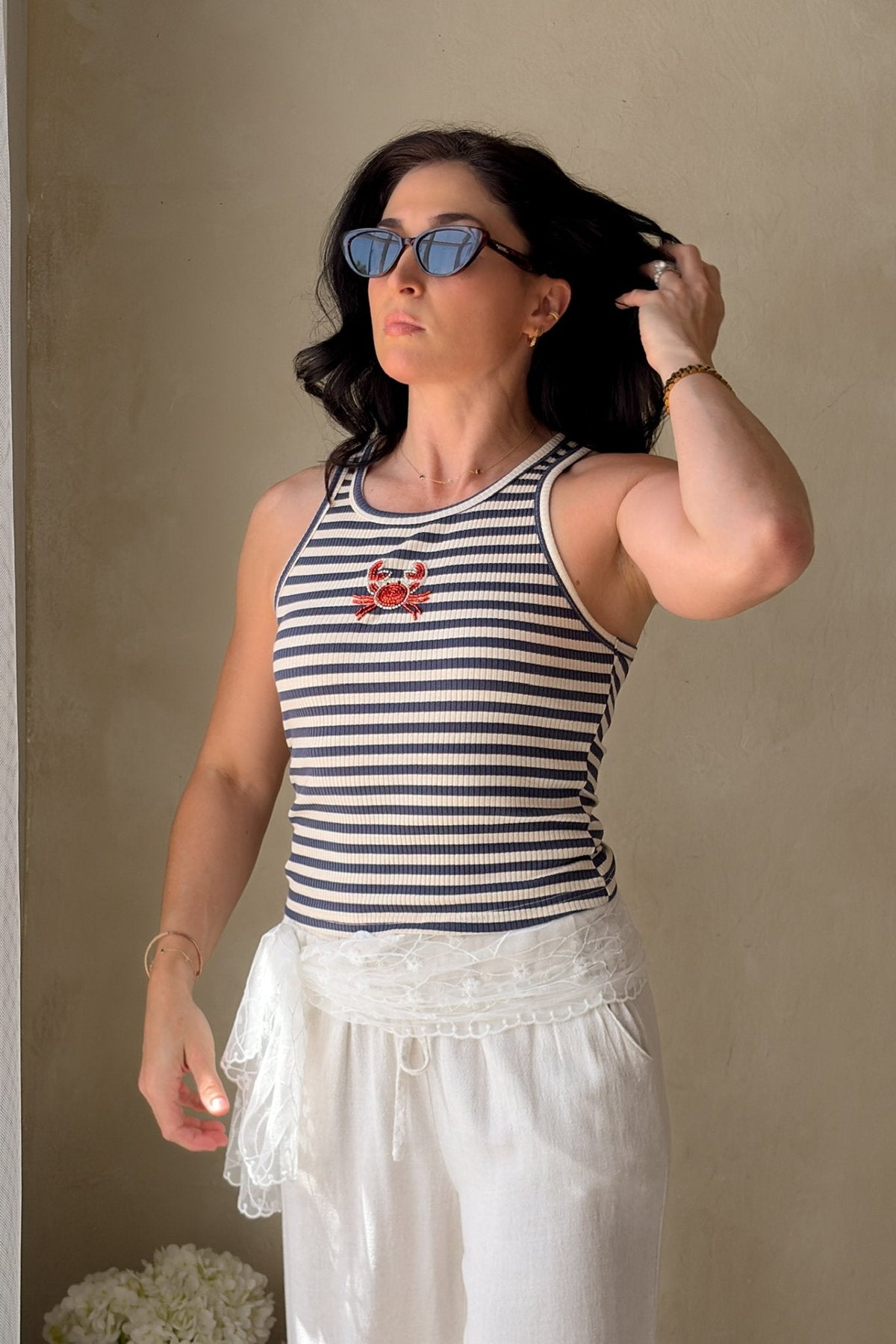 Navy Beaded Crab Stripe Knit Top for Women - Women's Shirts & Tops - Blooming Daily