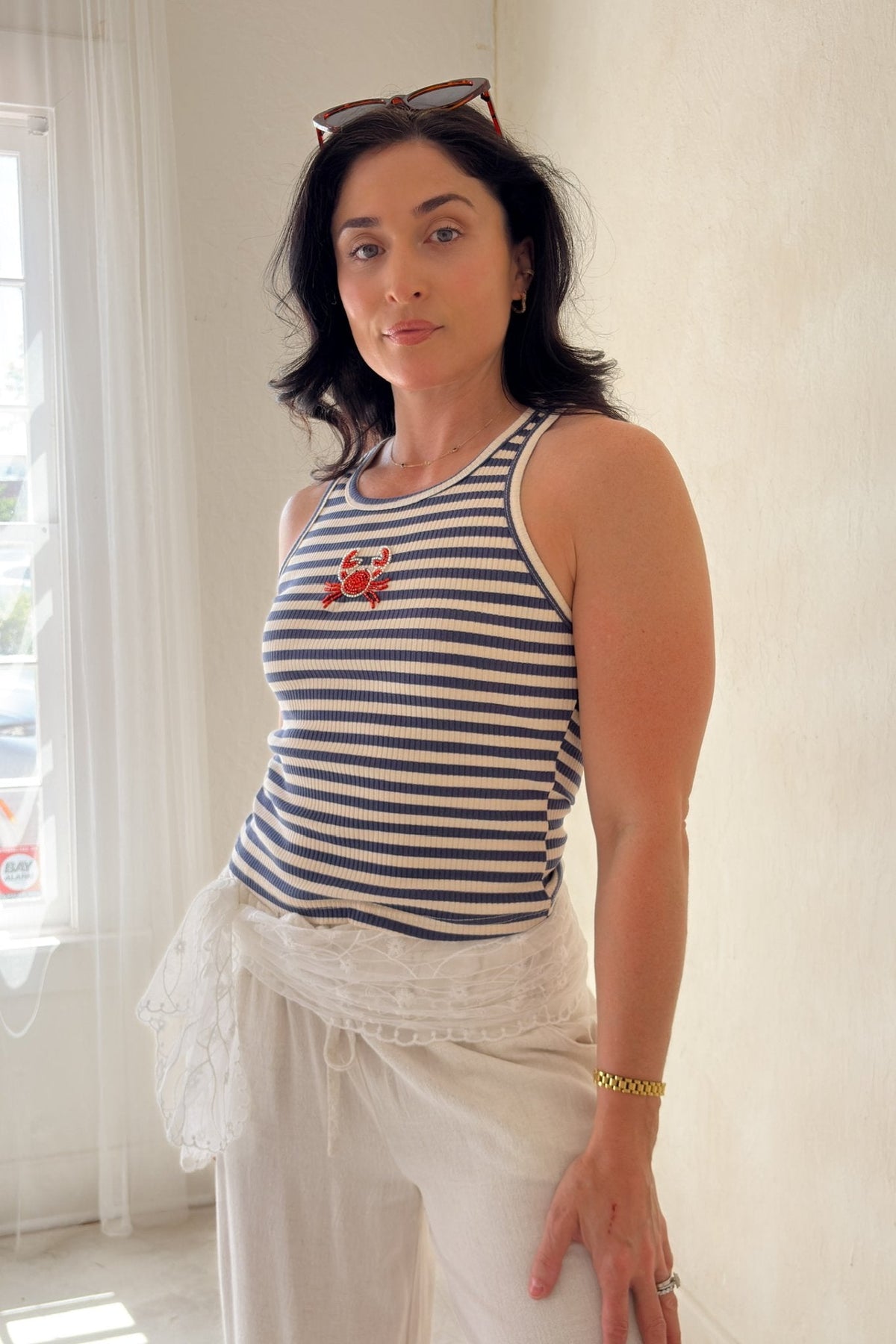 Navy Beaded Crab Stripe Knit Top for Women - Women's Shirts & Tops - Blooming Daily