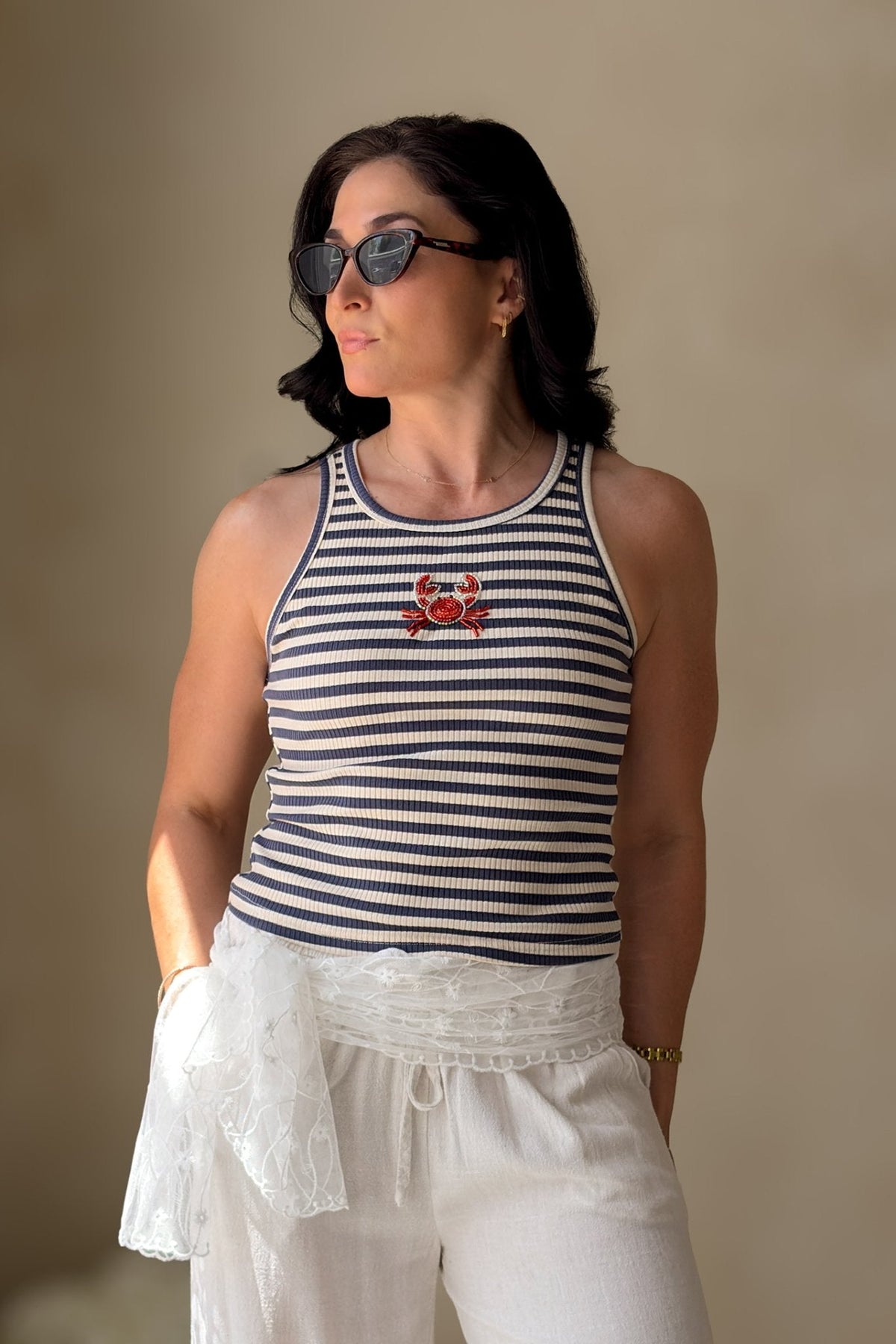 Navy Beaded Crab Stripe Knit Top for Women - Women's Shirts & Tops - Blooming Daily