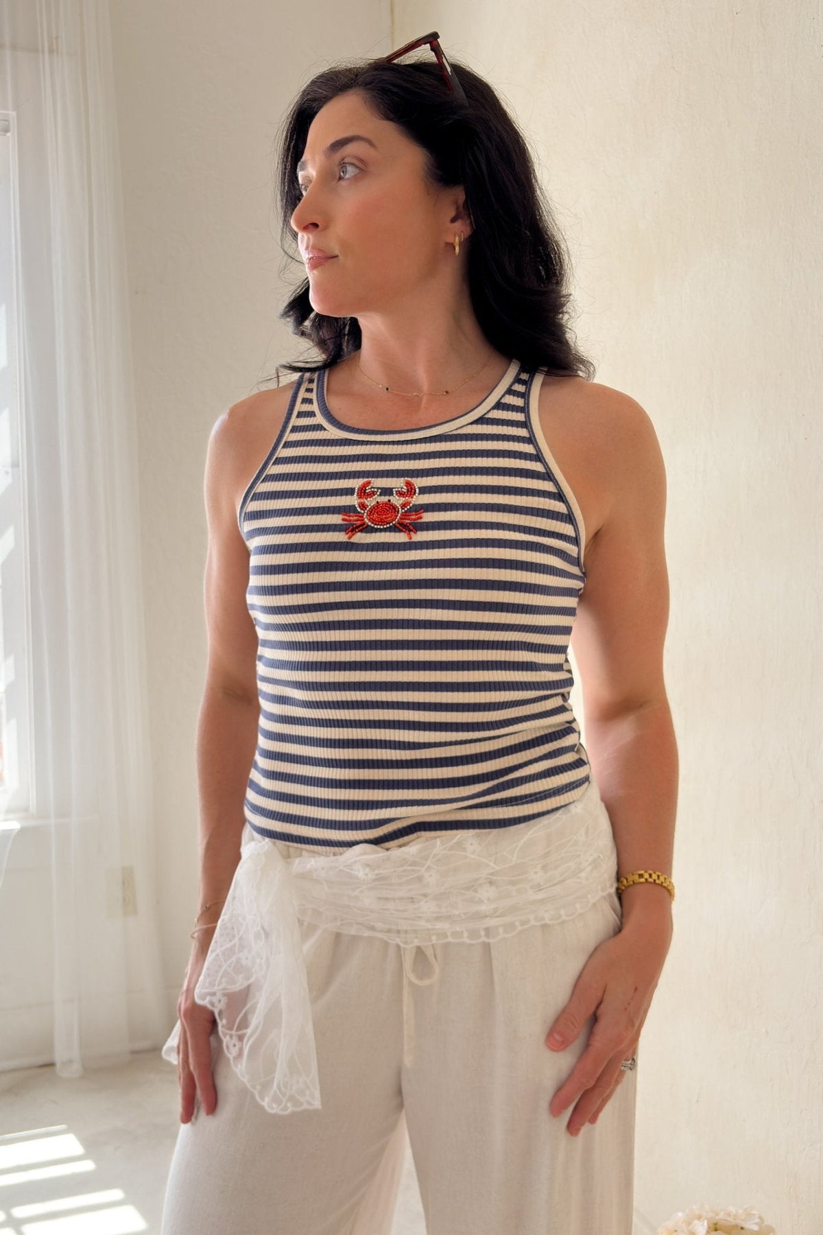 Navy Beaded Crab Stripe Knit Top for Women - Women's Shirts & Tops - Blooming Daily