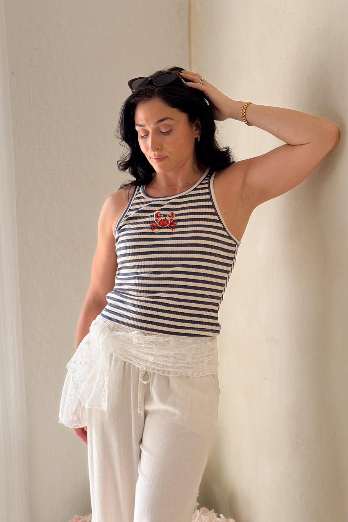 Navy Beaded Crab Stripe Knit Top for Women - Women's Shirts & Tops - Blooming Daily