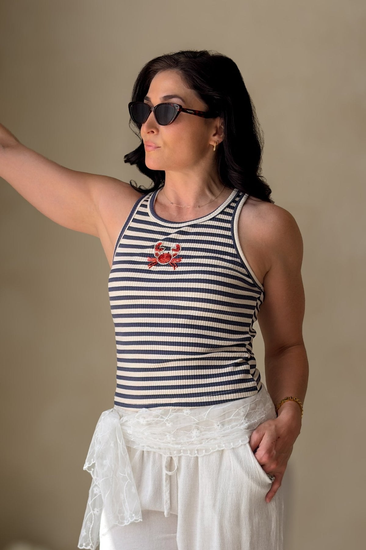 Navy Beaded Crab Stripe Knit Top for Women - Women's Shirts & Tops - Blooming Daily
