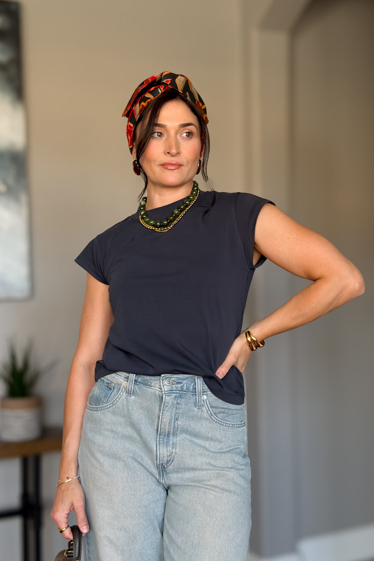 Women’s navy blue wardrobe staple T-shirt made from a soft cotton polyester blend.