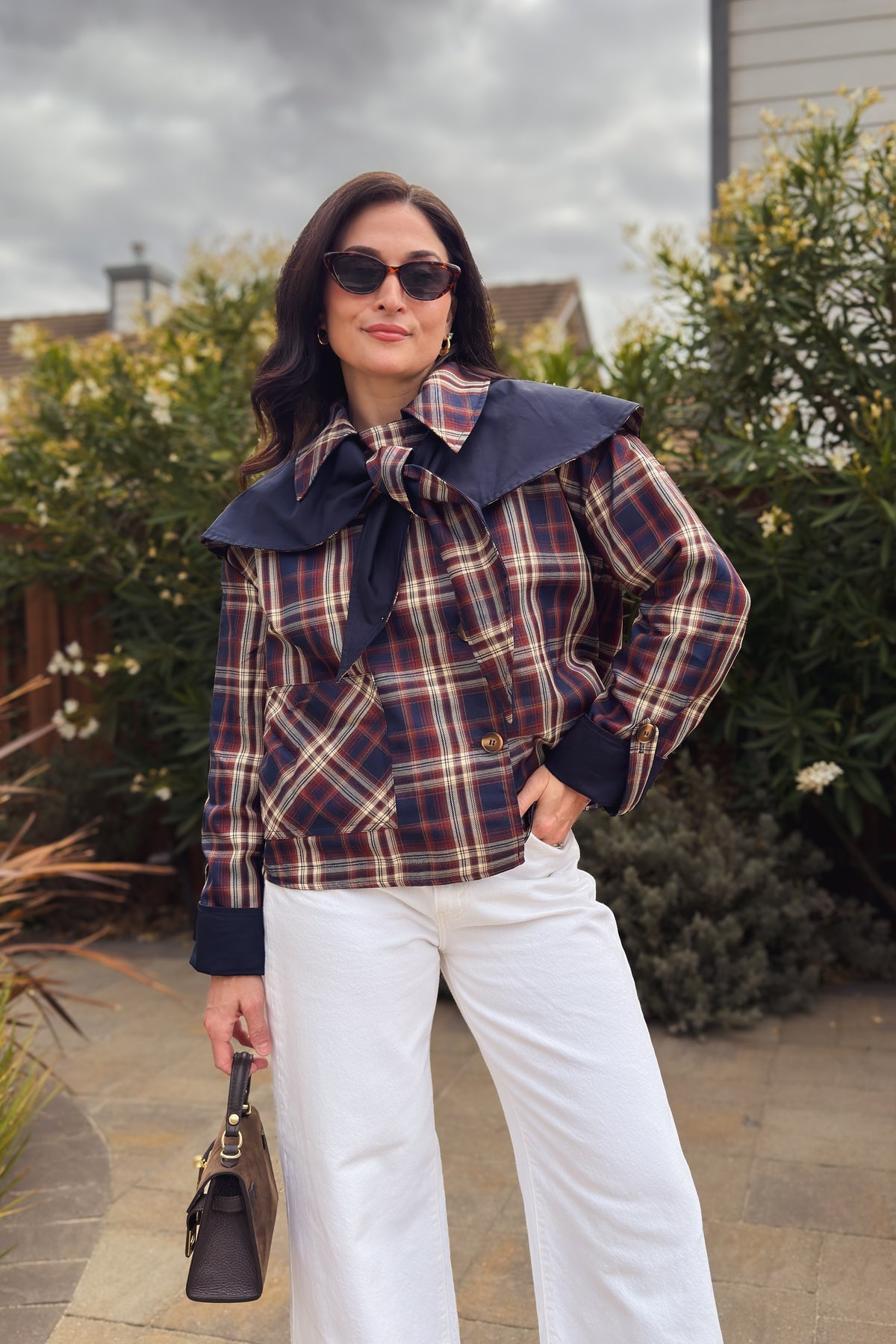 Soft cotton reversible plaid jacket for women with removable cape and easy layering fit