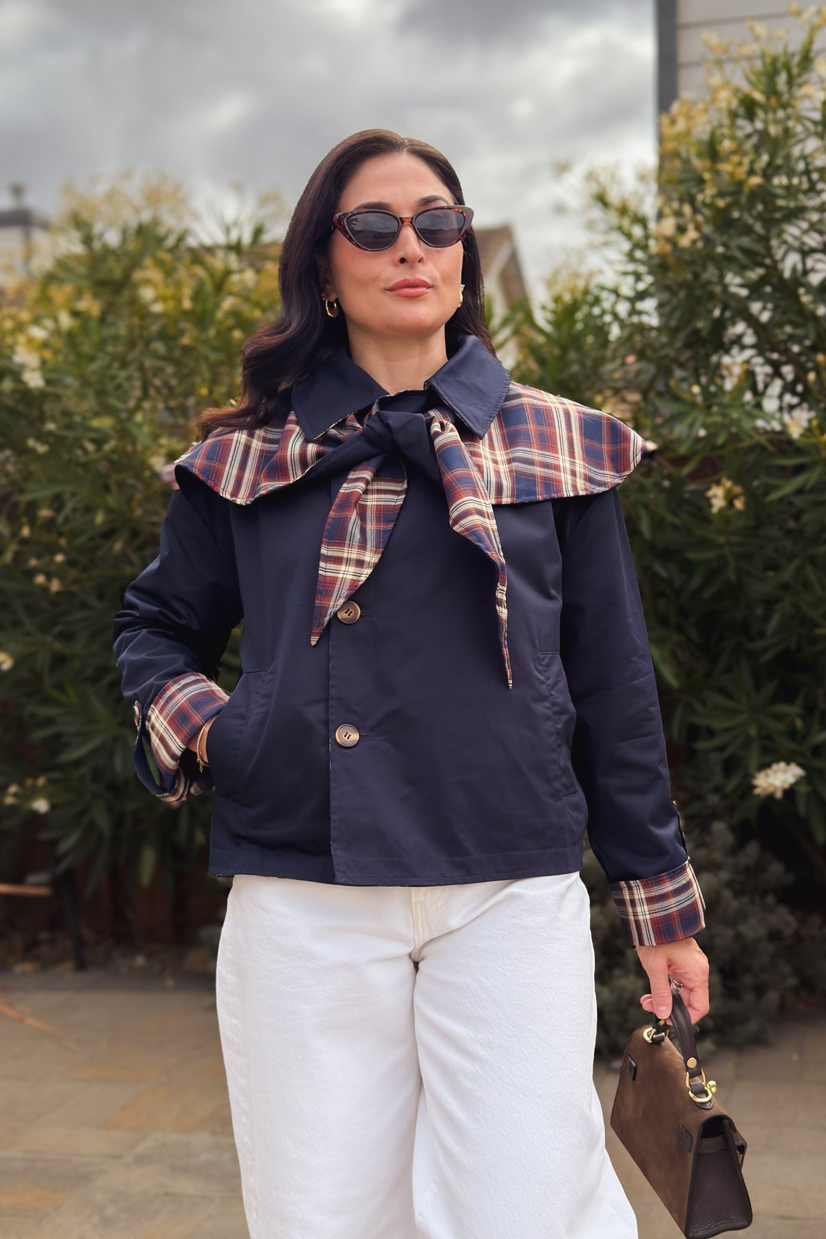 Brown plaid and navy reversible jacket for women with detachable cape and easy layering silhouette