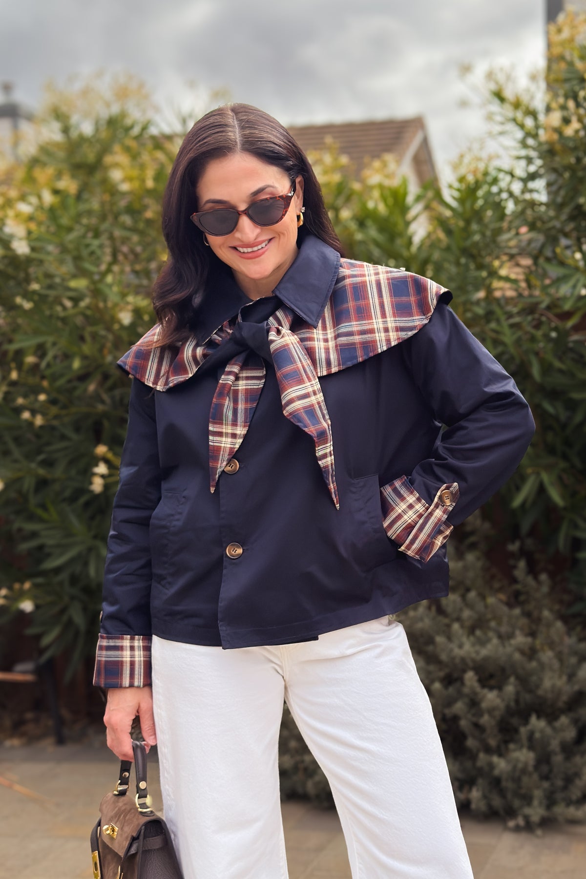 Women’s reversible plaid jacket with removable cape, soft cotton fabric, and a relaxed tailored fit for fall