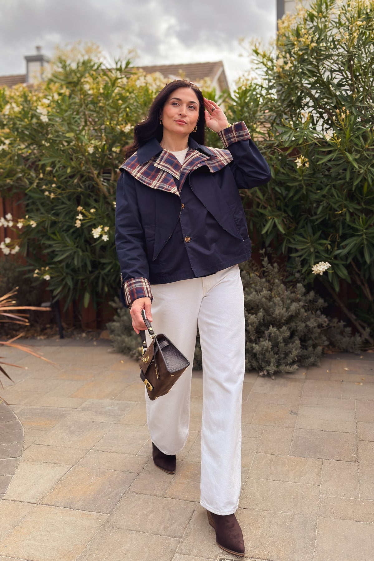 Women’s cotton plaid jacket with removable cape, button front, and structured boxy silhouette