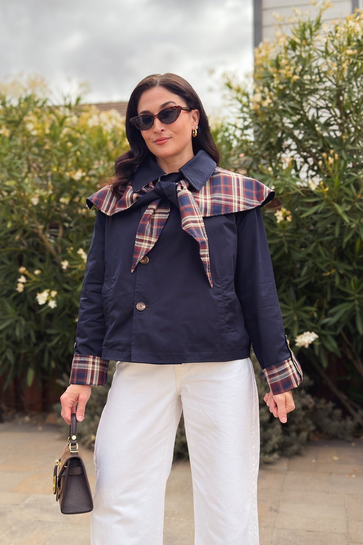 Women’s fall plaid jacket with navy reverse side, removable cape, and relaxed tailored fit