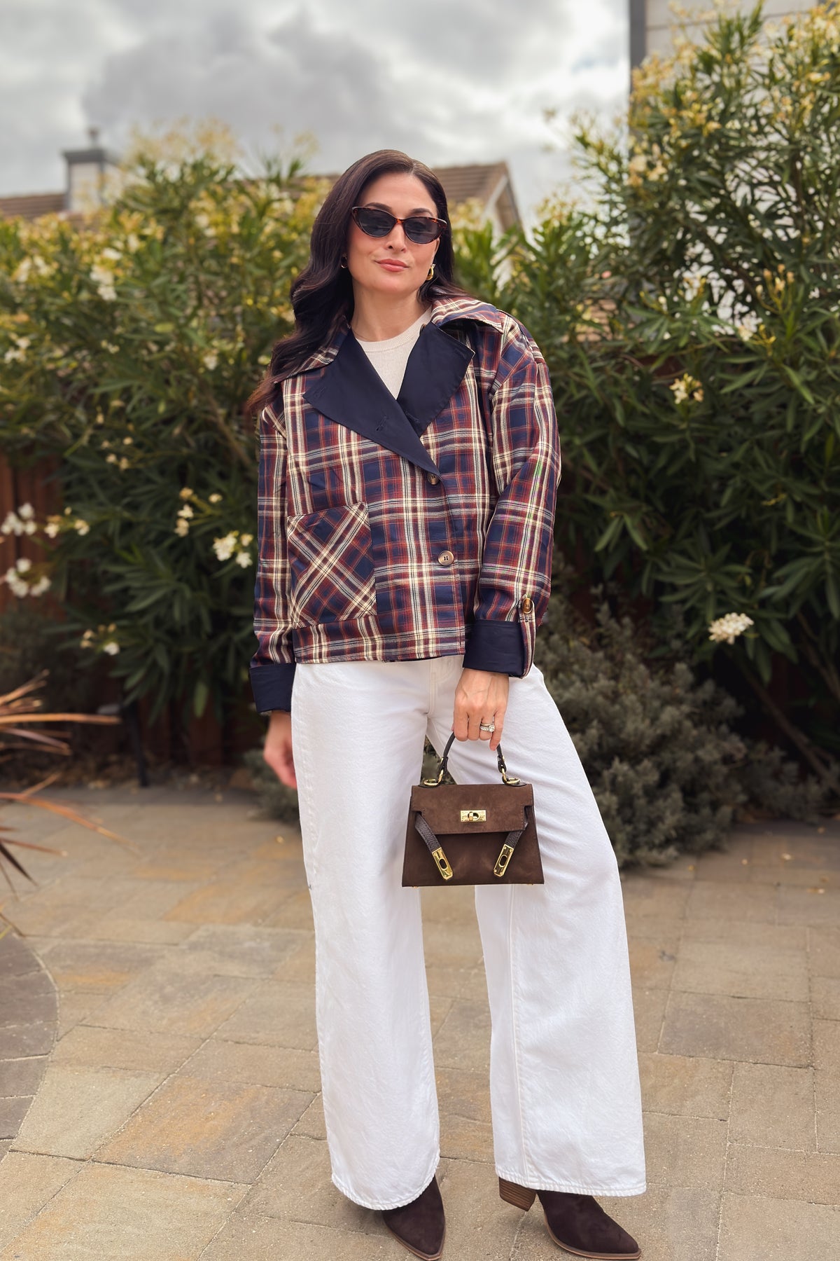 Navy & Brown Reversible Plaid Jacket with Removable Cape
