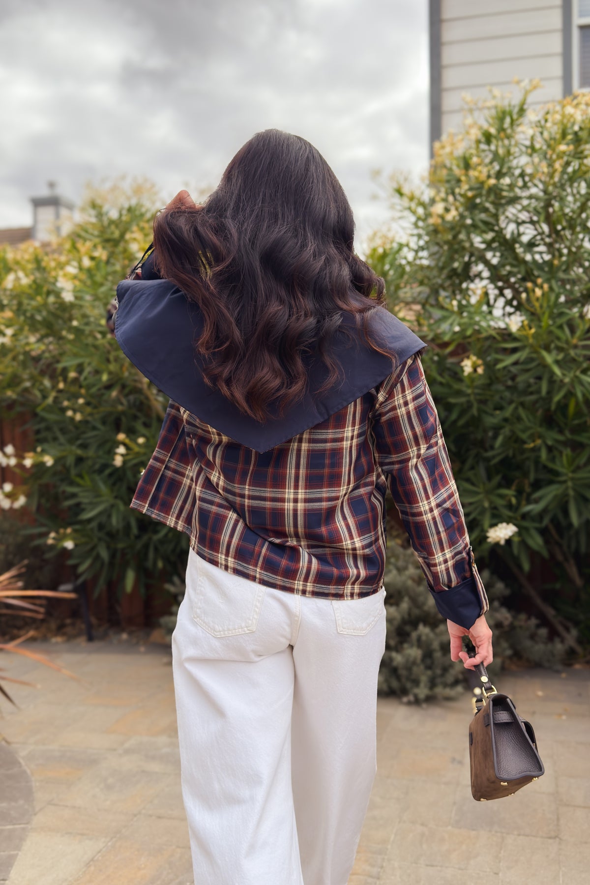 Navy and brown plaid women’s layering jacket with tailored shape and removable cape detail