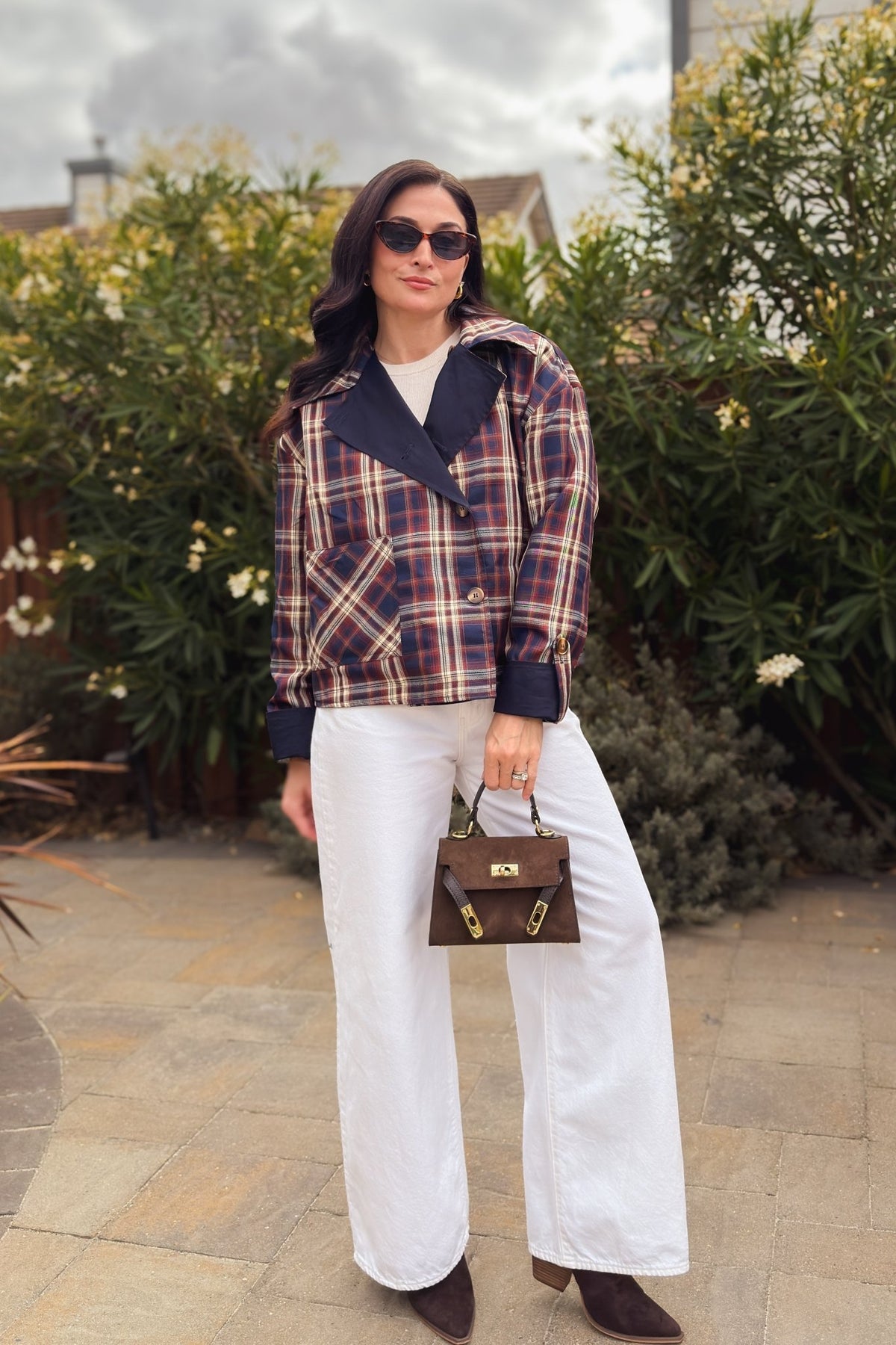 Navy & Brown Reversible Plaid Jacket with Removable Cape - Women's Jacket - Blooming Daily