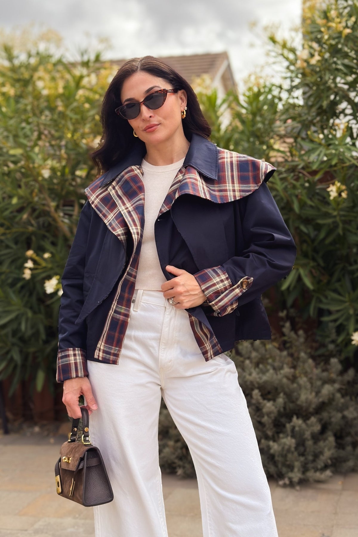 Women’s reversible navy and brown plaid jacket with removable cape and tailored boxy fit