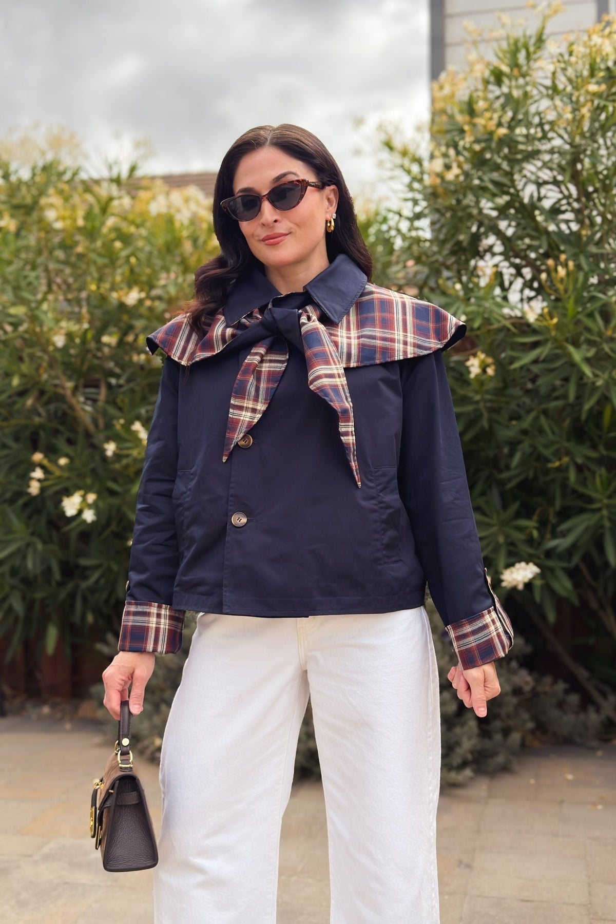 Women’s fall plaid jacket with navy reverse side, removable cape, and relaxed tailored fit