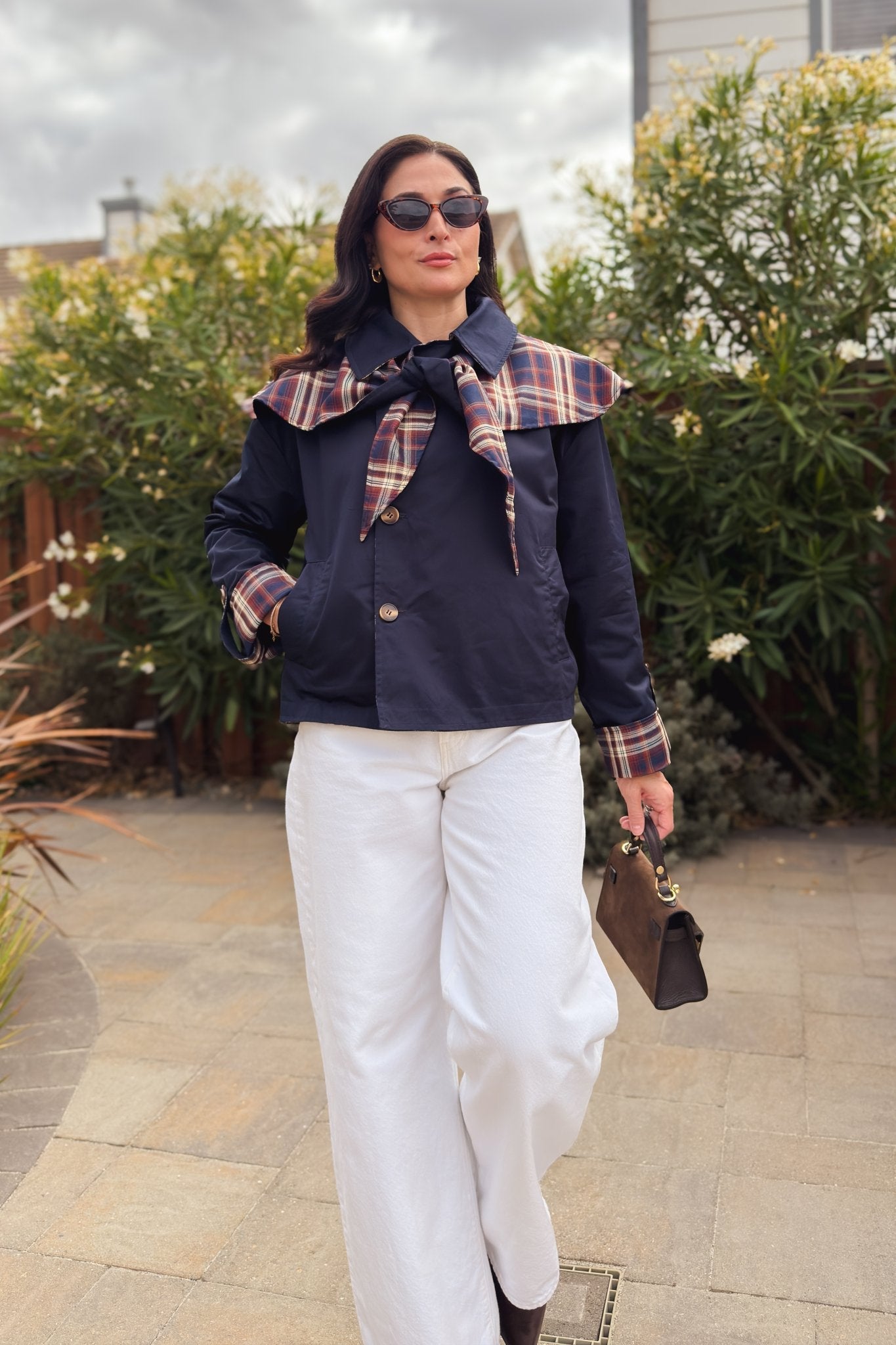 Women’s reversible plaid jacket with removable cape, soft cotton fabric, and a relaxed tailored fit for fall