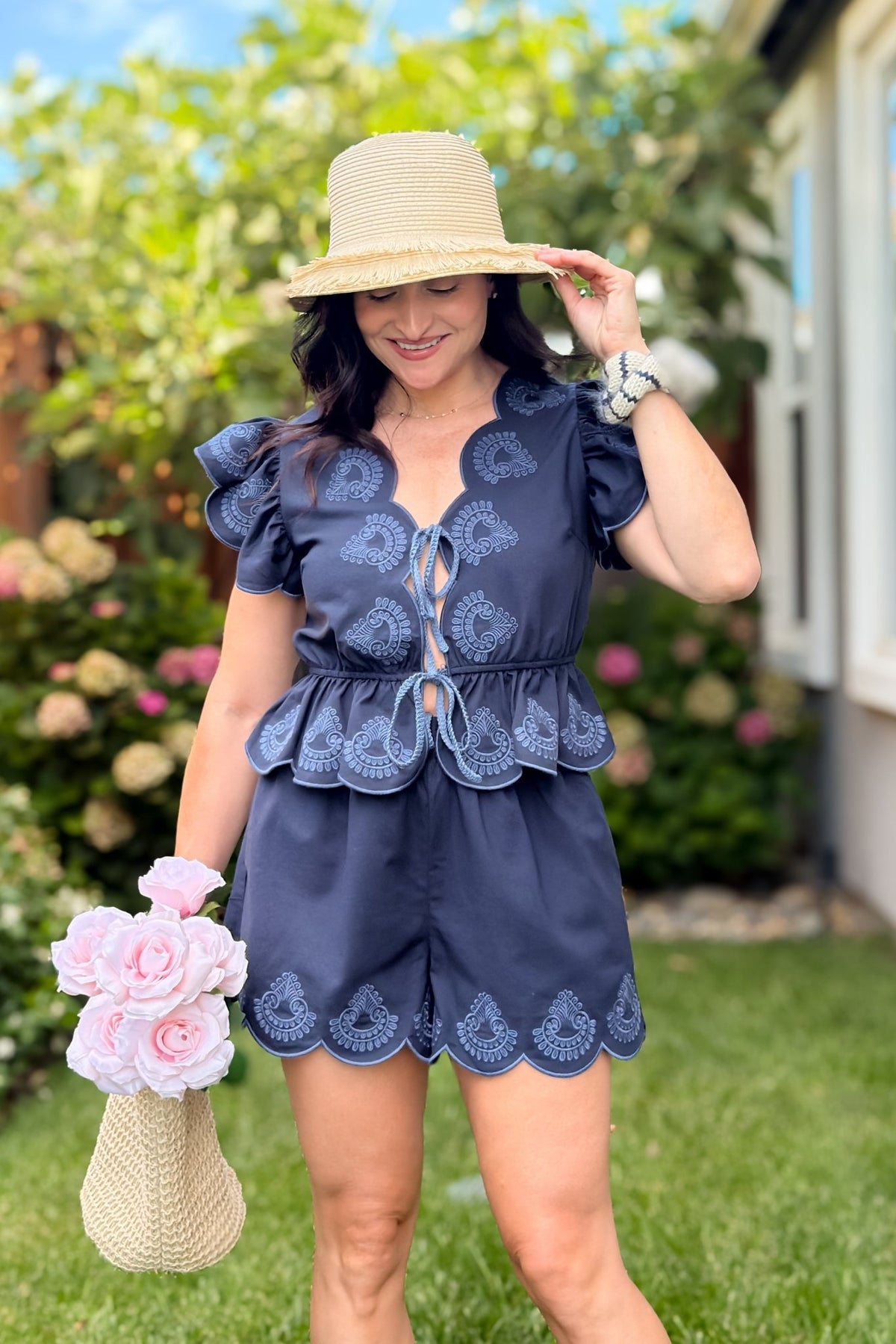 Navy Embroidered Scallop Two Piece Set - Women's Outfit Sets - Blooming Daily