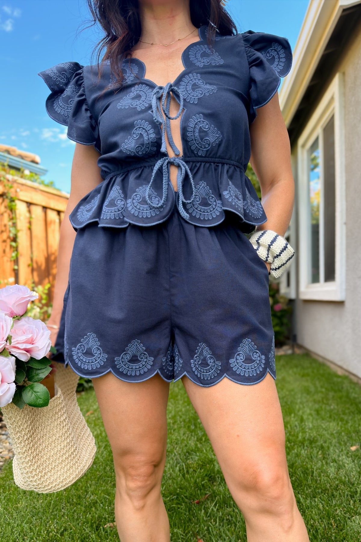 Navy Embroidered Scallop Two Piece Set - Women's Outfit Sets - Blooming Daily