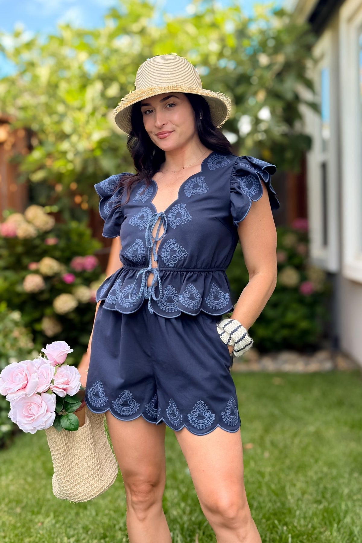 Navy Embroidered Scallop Two Piece Set - Women's Outfit Sets - Blooming Daily