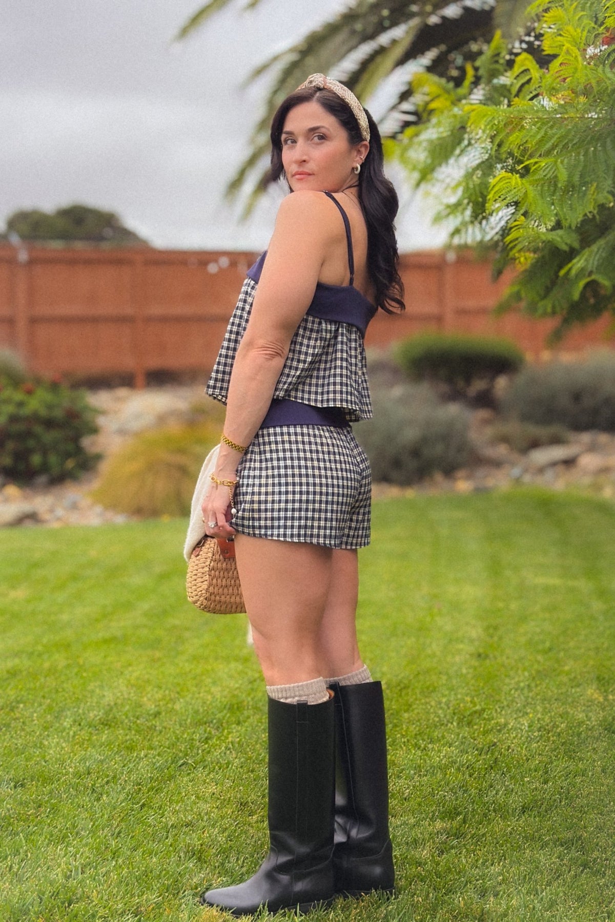 Navy and ivory plaid matching short set featuring a soft foldover cami top, adjustable straps and coordinating pull-on shorts.