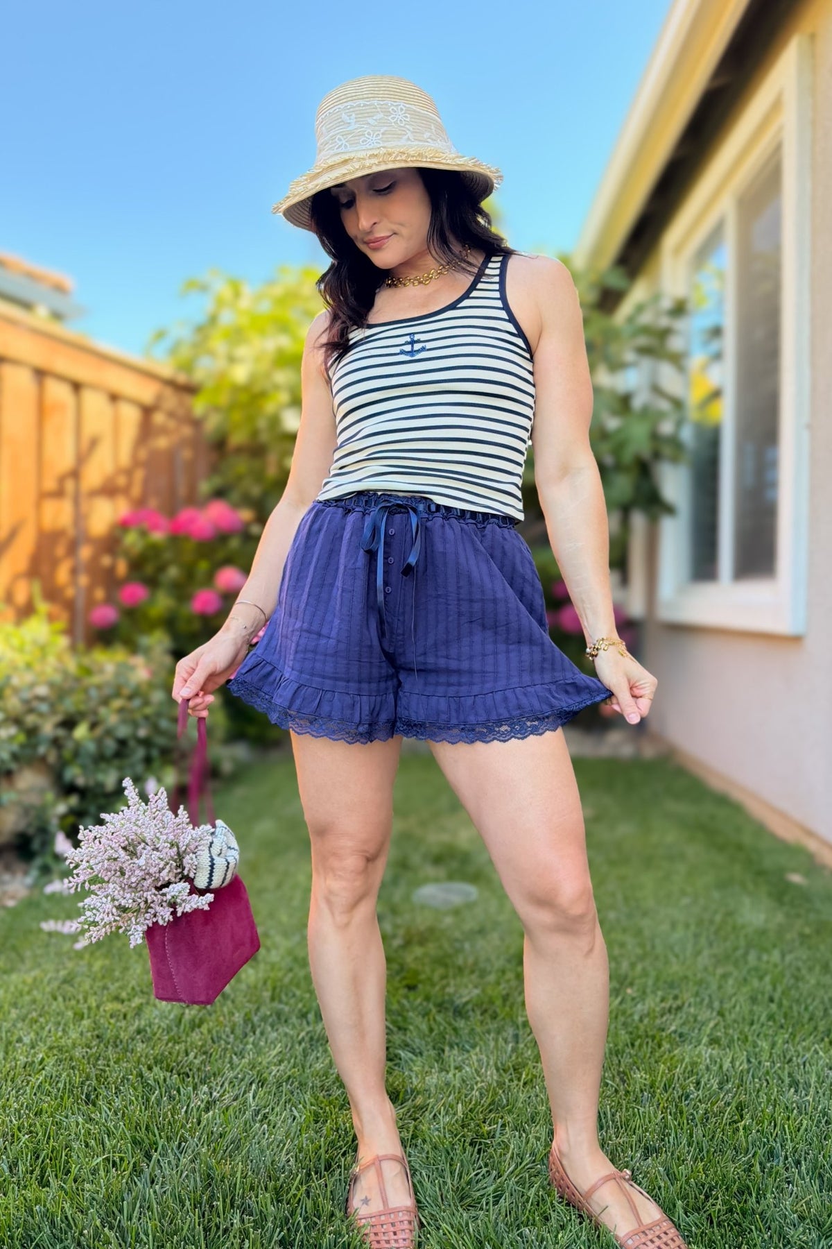Navy Lace Trim Cotton Lounge Shorts - Women's Shorts - Blooming Daily