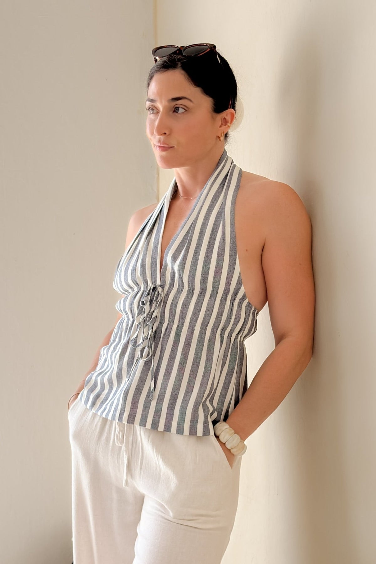 Navy Stripe Halter Peplum Top - Women's Shirts & Tops - Blooming Daily