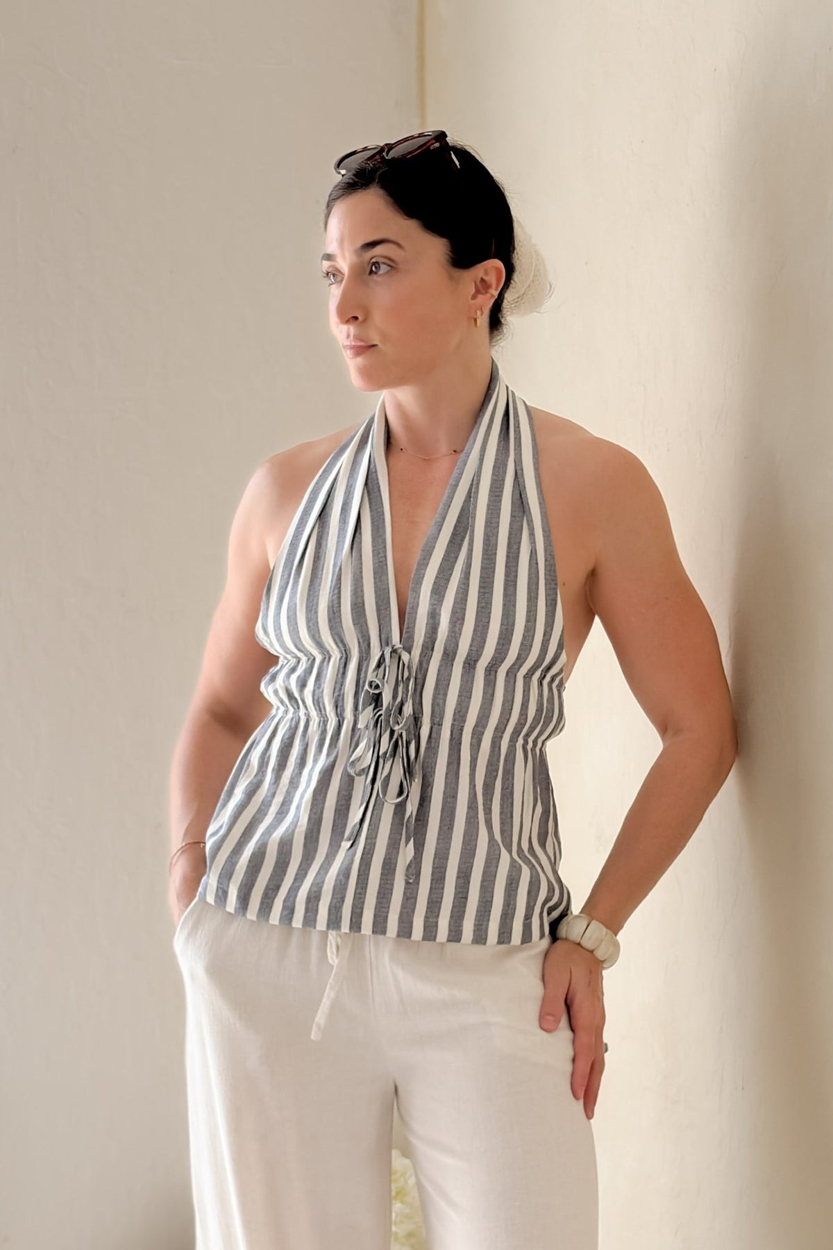 Navy Stripe Halter Peplum Top - Women's Shirts & Tops - Blooming Daily