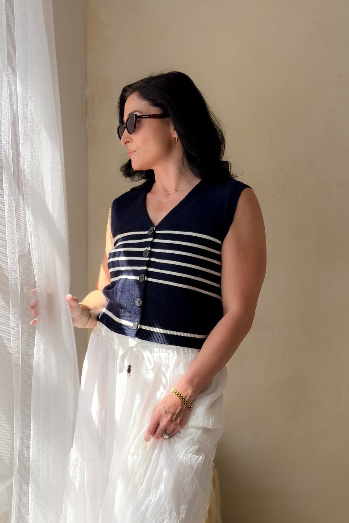 Navy Stripe Knit Sweater Vest Top - Shirts & Tops - Blooming Daily