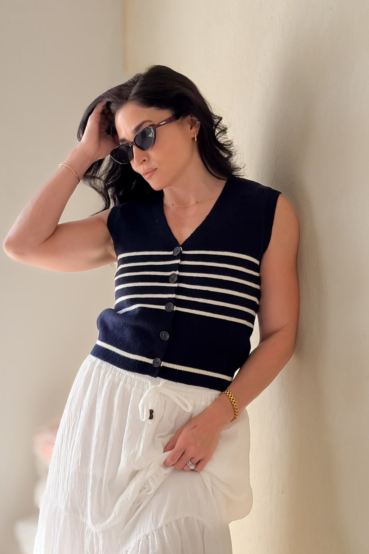 Navy Stripe Knit Sweater Vest Top - Shirts & Tops - Blooming Daily