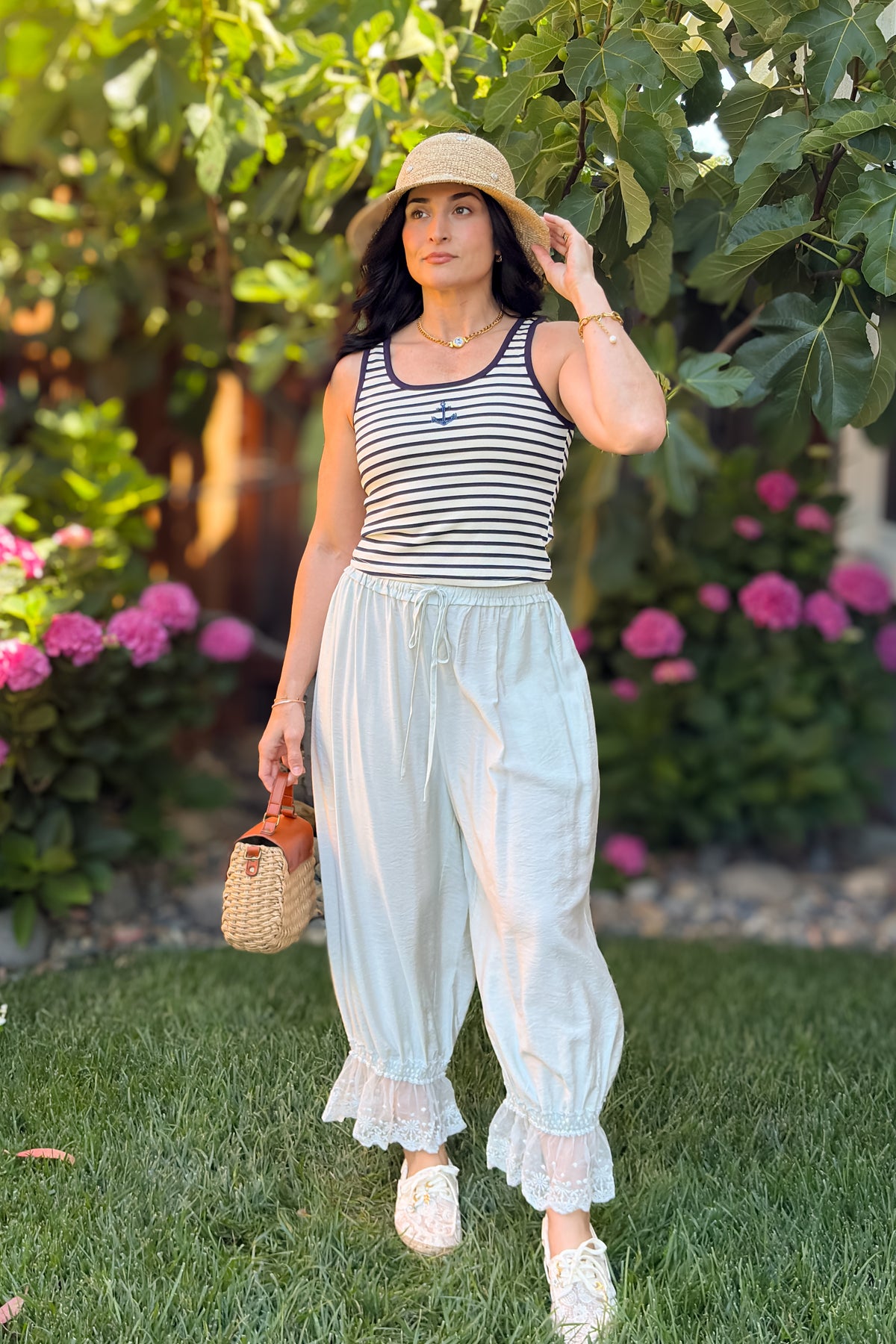 Navy striped anchor tank top styled with soft mint bloomer pants and lace hem detail