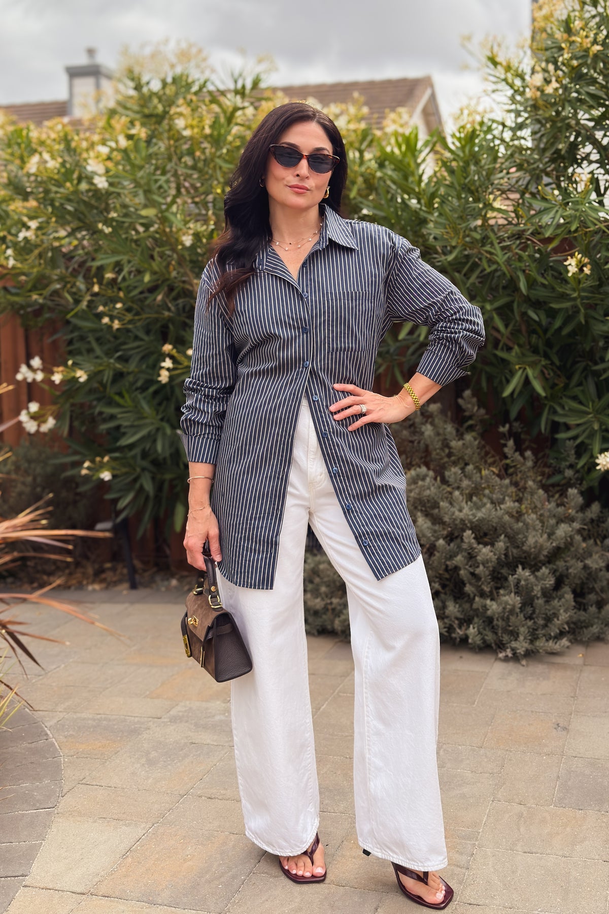 Navy and white striped button down shirt dress with removable reversible waist tie