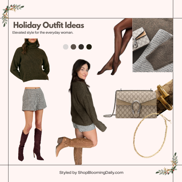 Alt text: A holiday outfit inspiration collage featuring a cozy olive-green turtleneck sweater paired with checkered high-waisted shorts and styled with both over-the-knee suede boots and heeled burgundy boots. Accessories include a designer-inspired beige handbag with chain details, gold jewelry, and brown tights. The layout showcases close-up textures of the sweater and shorts, along with a color palette of neutrals and deep greens. The text reads "Holiday Outfit Ideas: Elevated style for the everyday wom